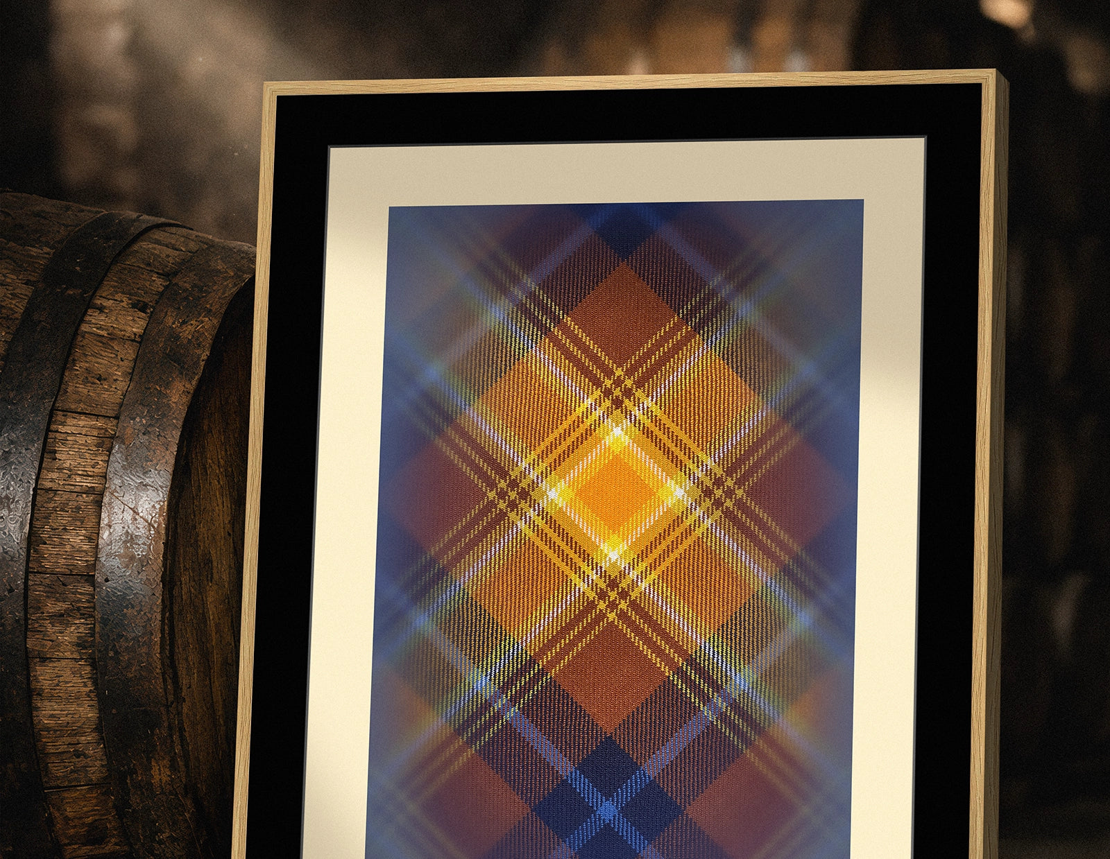 Cropped oak barrel symbolism with tartan.