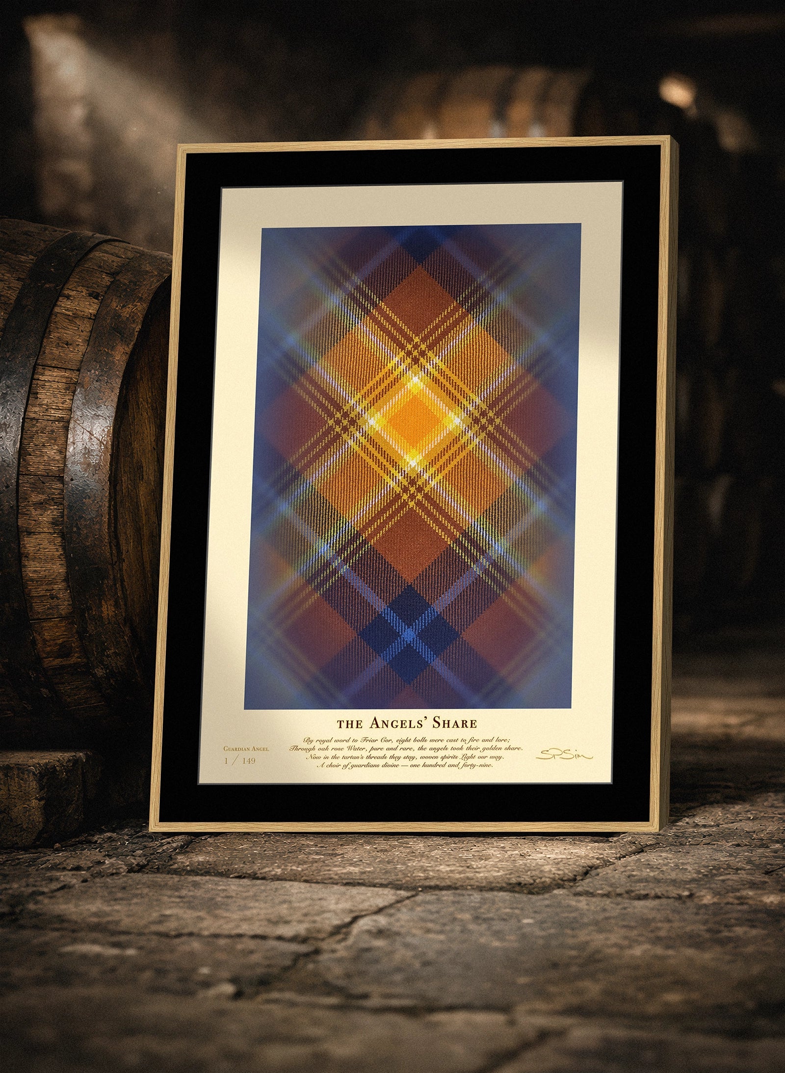 Oak whisky barrel imagery tied to Angels’ Share tartan.