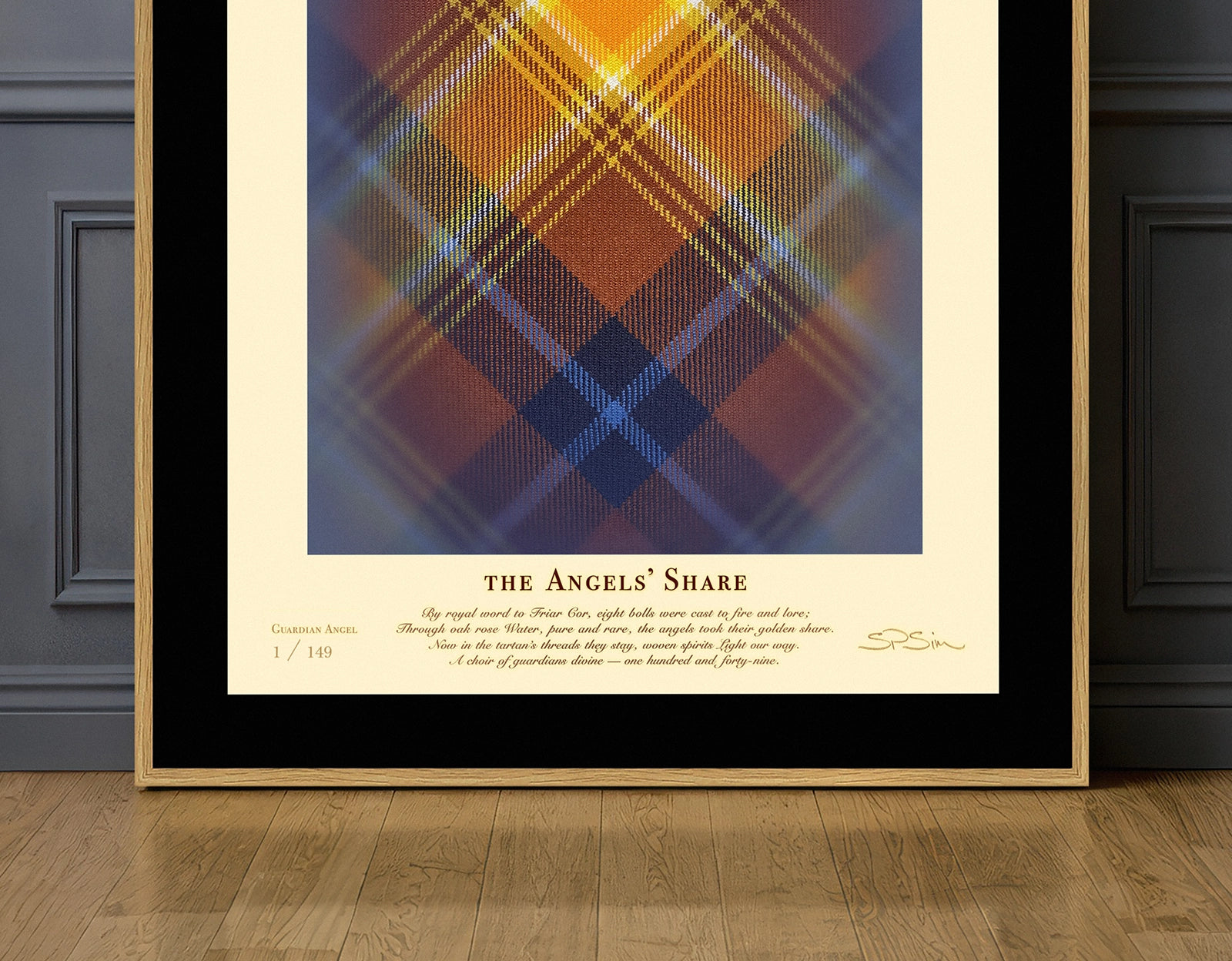 Cropped view of Angels’ Share on blue wall.