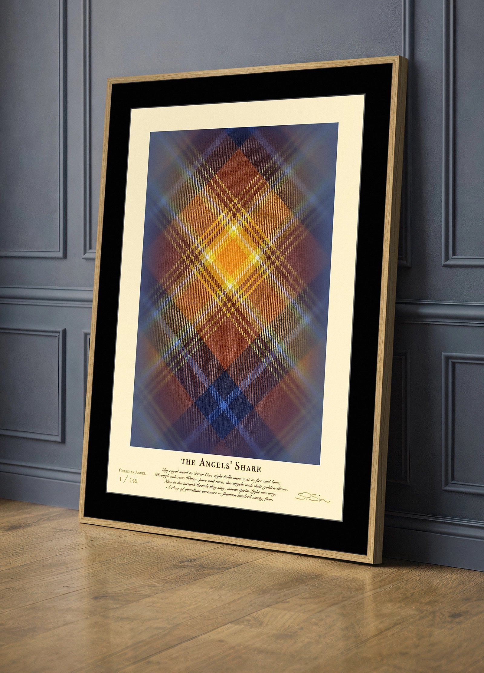 Side view of Angels’ Share tartan on blue wall.