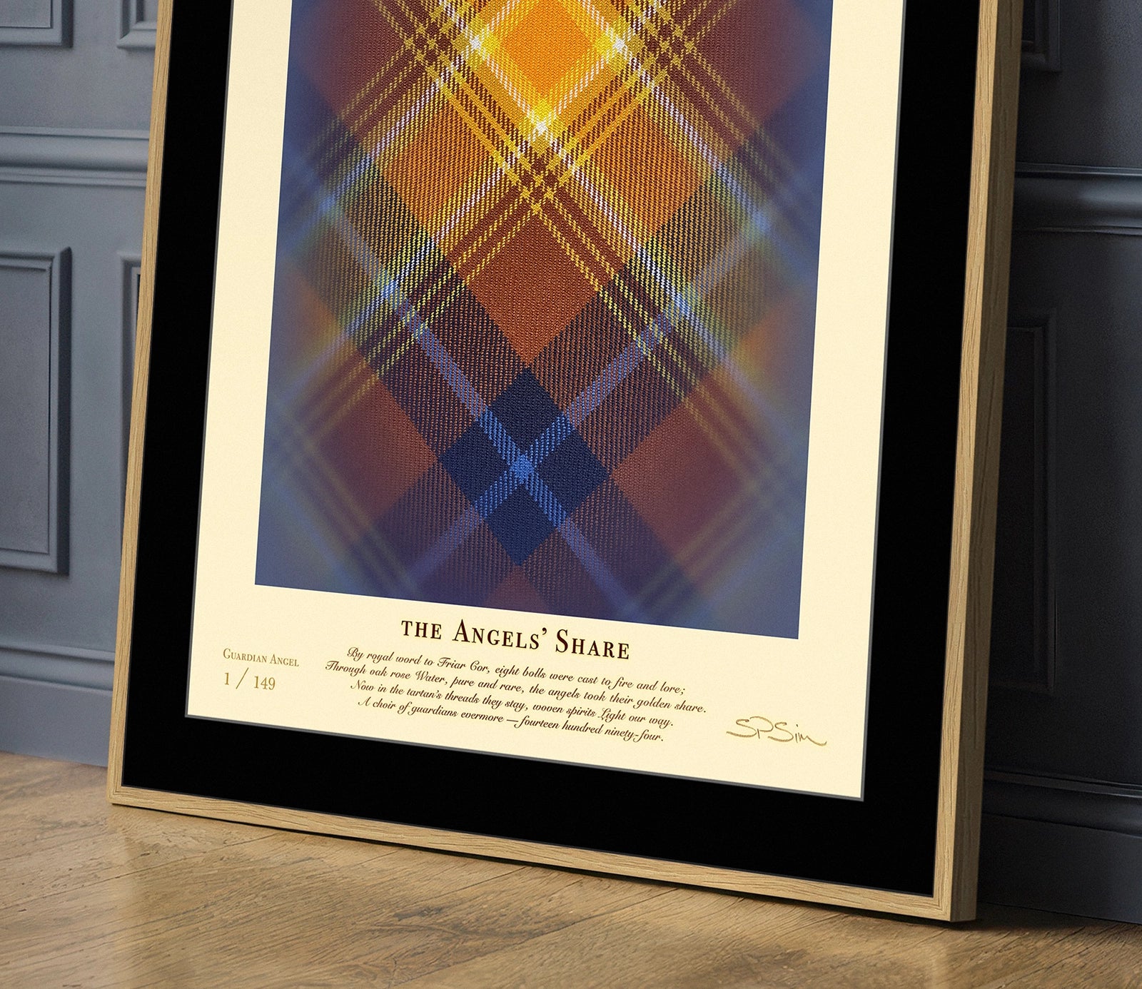 Side view of Angels’ Share tartan on blue wall.