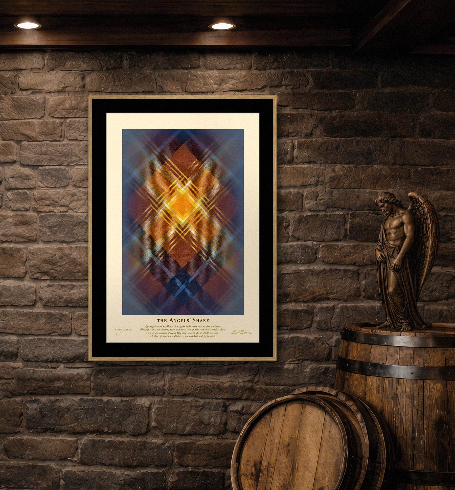 Angels’ Share tartan framed on brick wall.