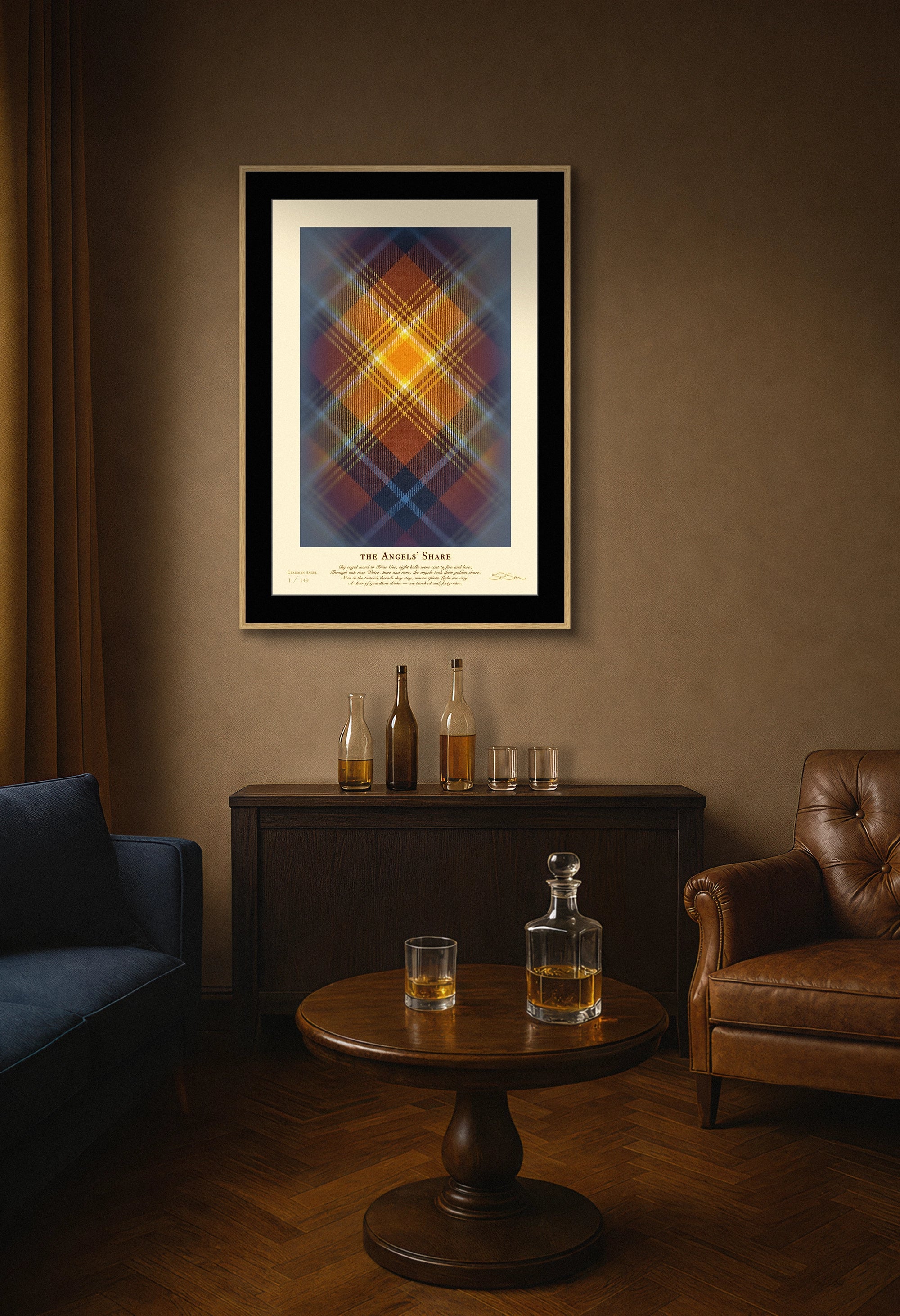 Angels’ Share tartan artwork with whisky elements.