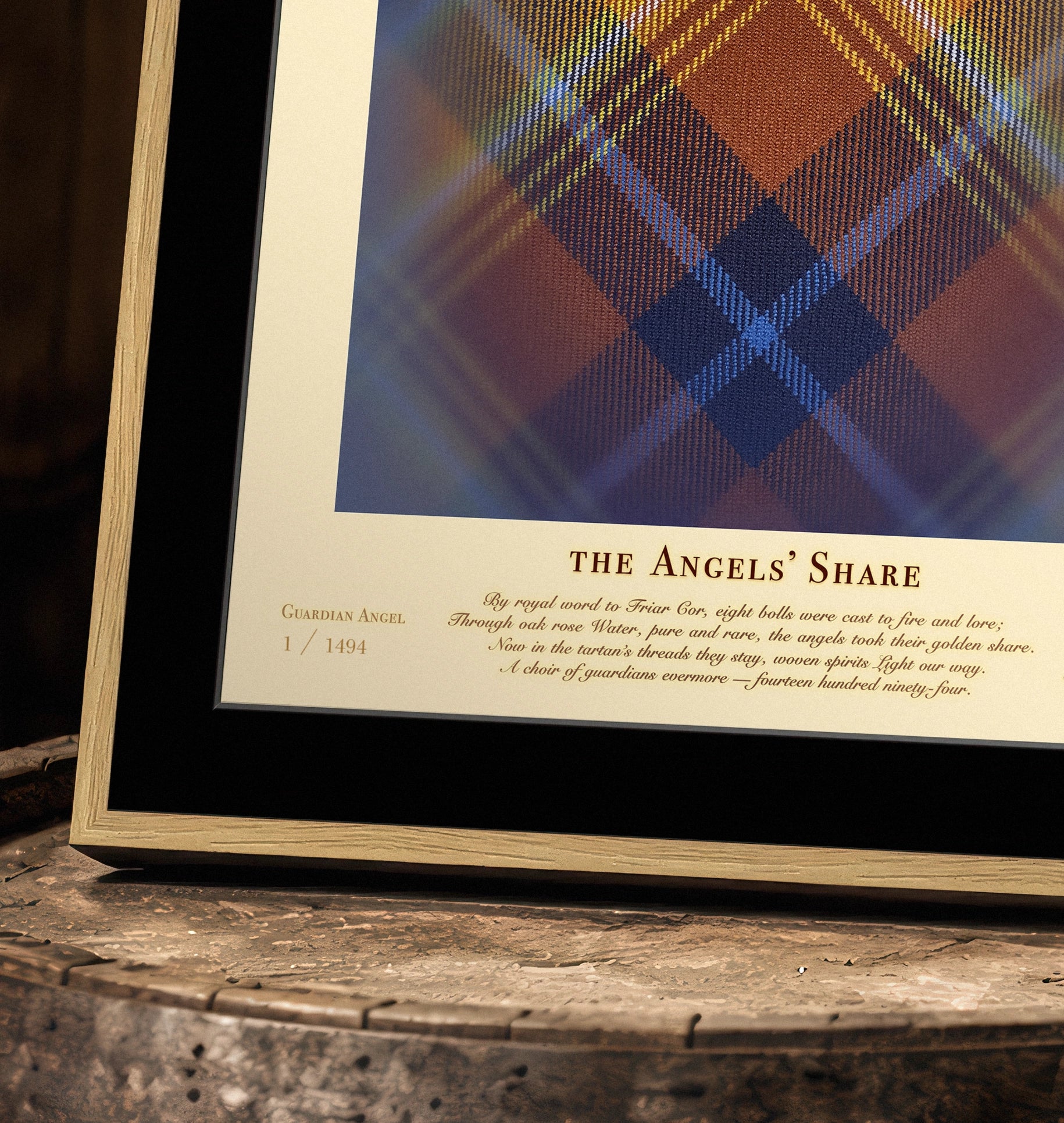 Close-up of Angels’ Share framed print showing the bright centre and the title/poem on the mount.