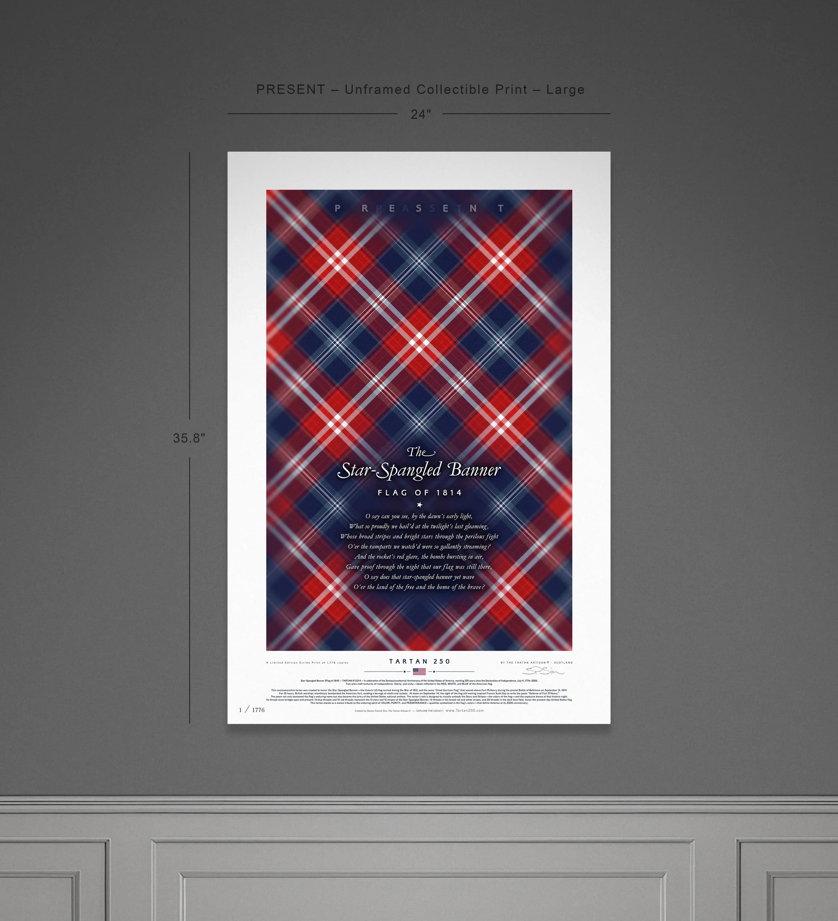 Large unframed Star-Spangled Banner Present Edition tartan print, cropped to emphasise detail. This bold, contemporary red and navy tartan represents the 50-star flag in modern colour vibrancy.