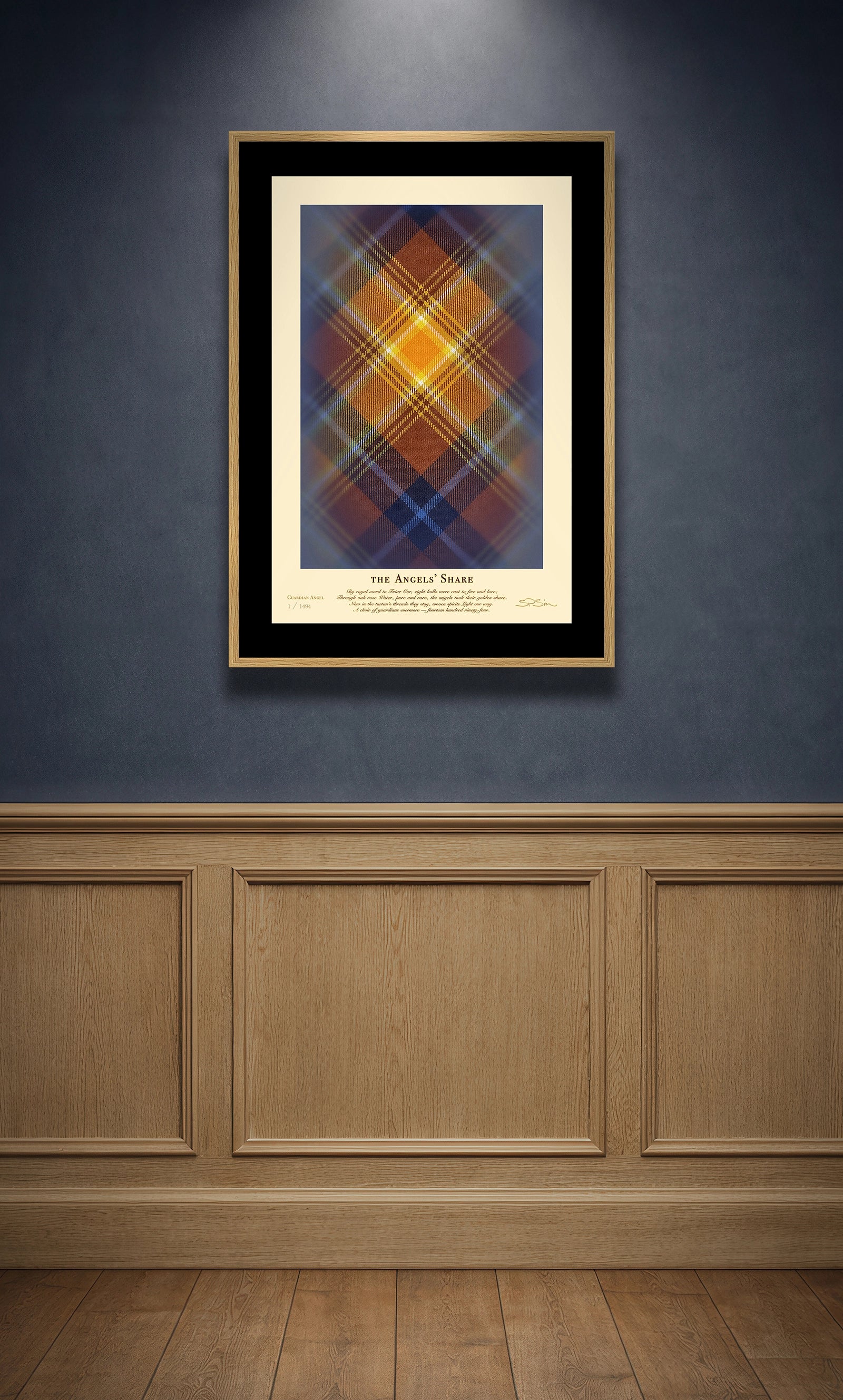 Framed Angels’ Share (1494 Guardians) print displayed on a blue wall above wood panelling.