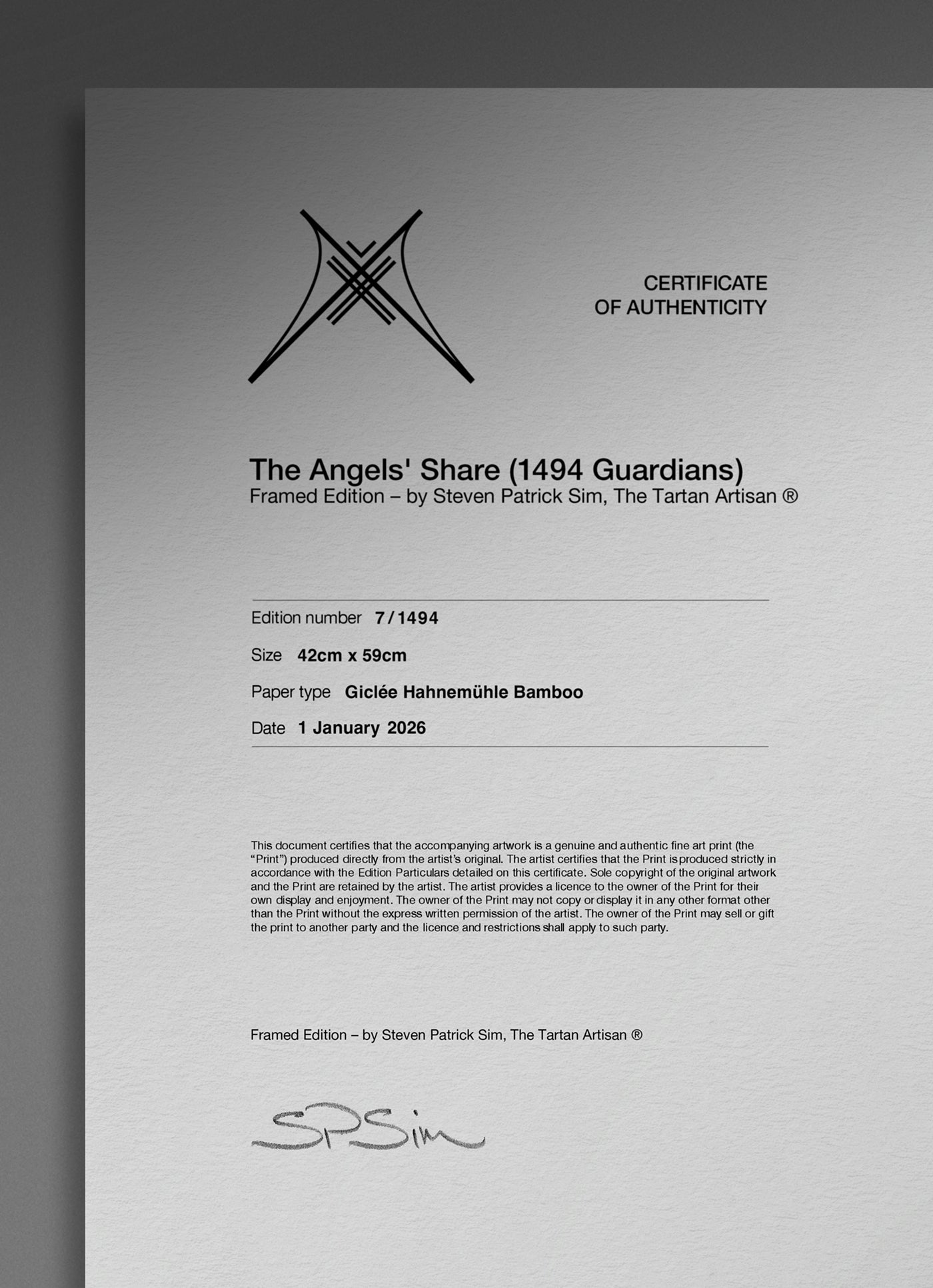 Certificate of authenticity for Angels’ Share (1494 Guardians) edition.