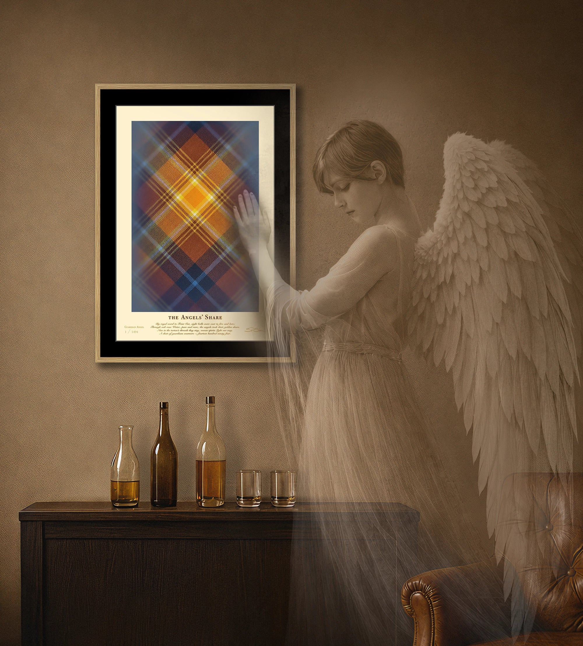 Framed Angels’ Share (1494 Guardians) print on a wall in an atmospheric room with an angel figure. Serene.