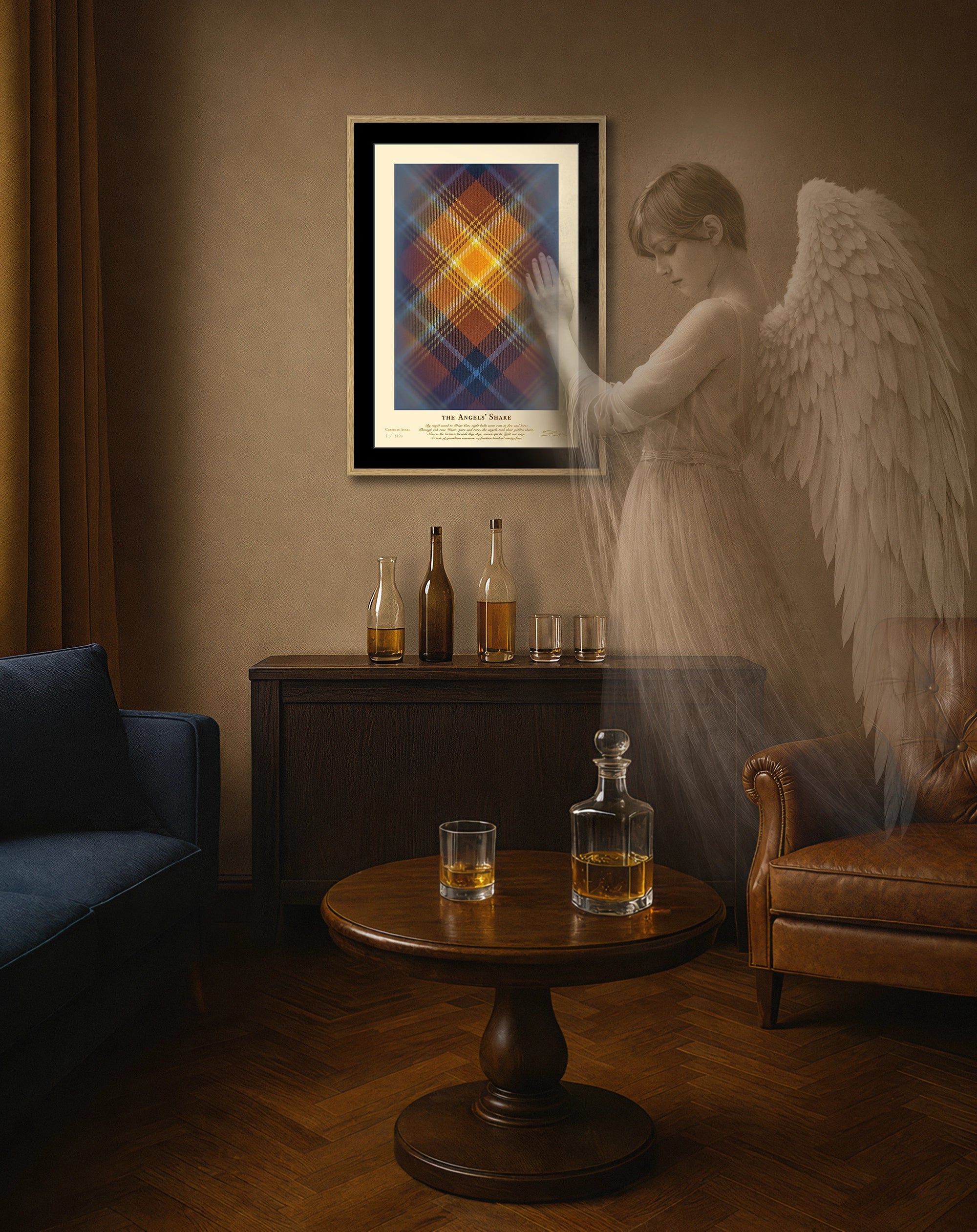 Framed Angels’ Share (1494 Guardians) print on a wall in an atmospheric room with an angel figure. Pure.