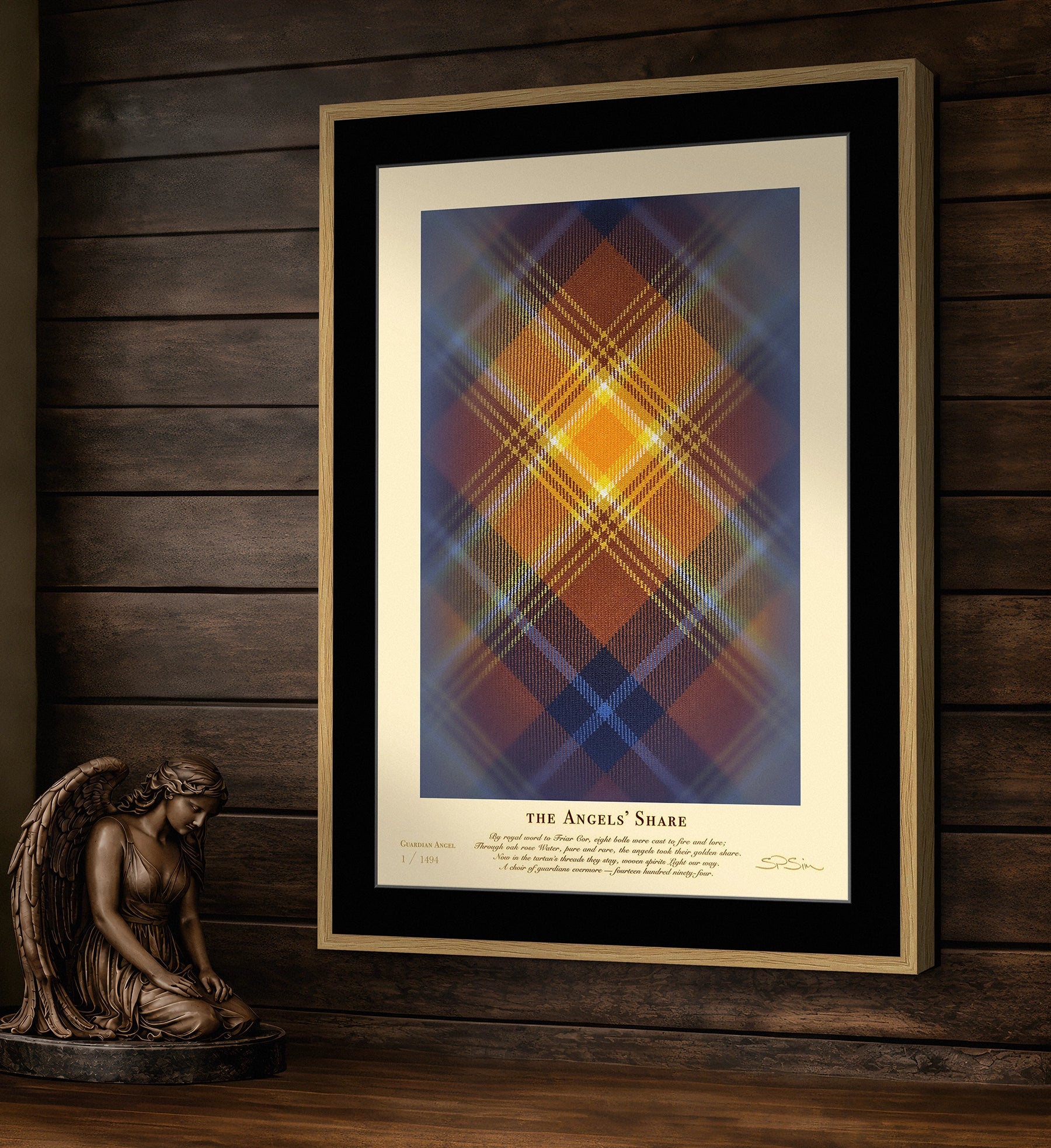 Close view of framed Angels’ Share (1494 Guardians) print beside a bronze sculpture in a styled room.