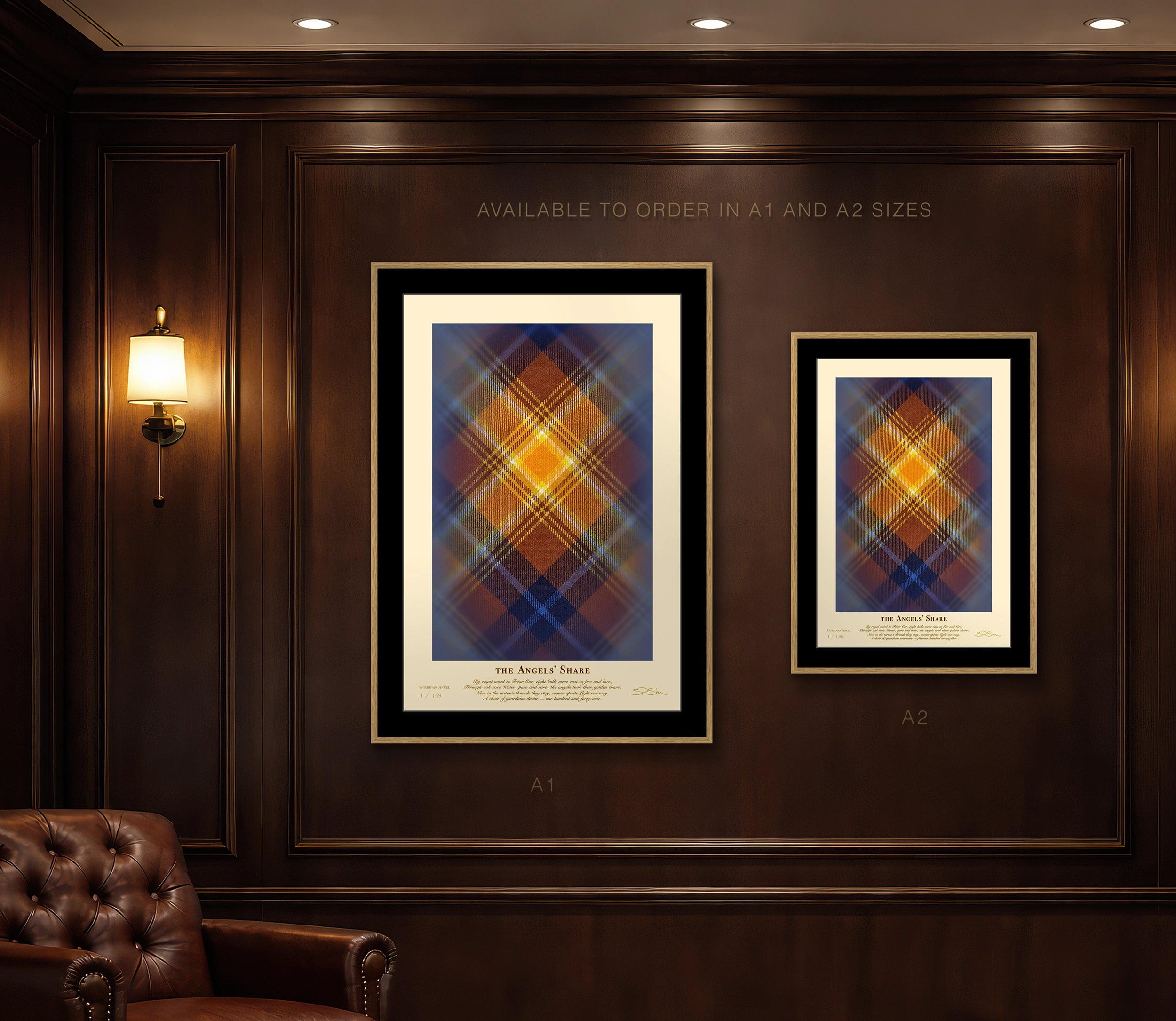 Two framed Angels’ Share tartan prints displayed side by side on a dark panelled wall, A1 and A2.