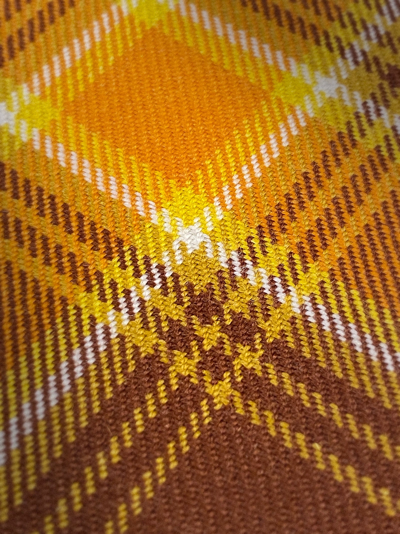 Extreme close-up of the Angels’ Share tartan showing the white angel thread at the pivot point.