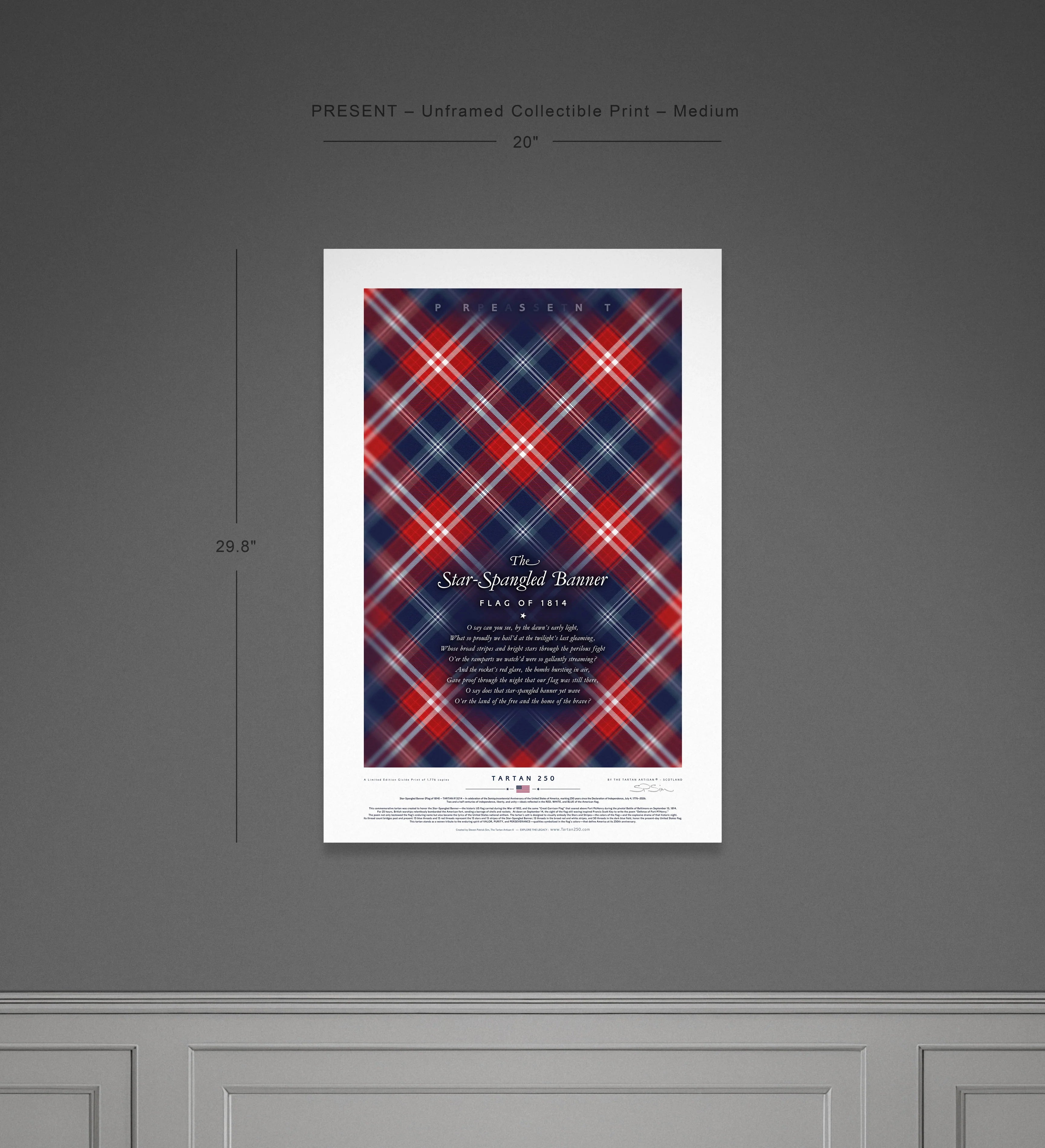 Cropped presentation of the medium unframed Present Edition tartan print. Shows the vibrant red and navy hues up close, capturing the high contrast weave pattern symbolic of the contemporary U.S. flag.