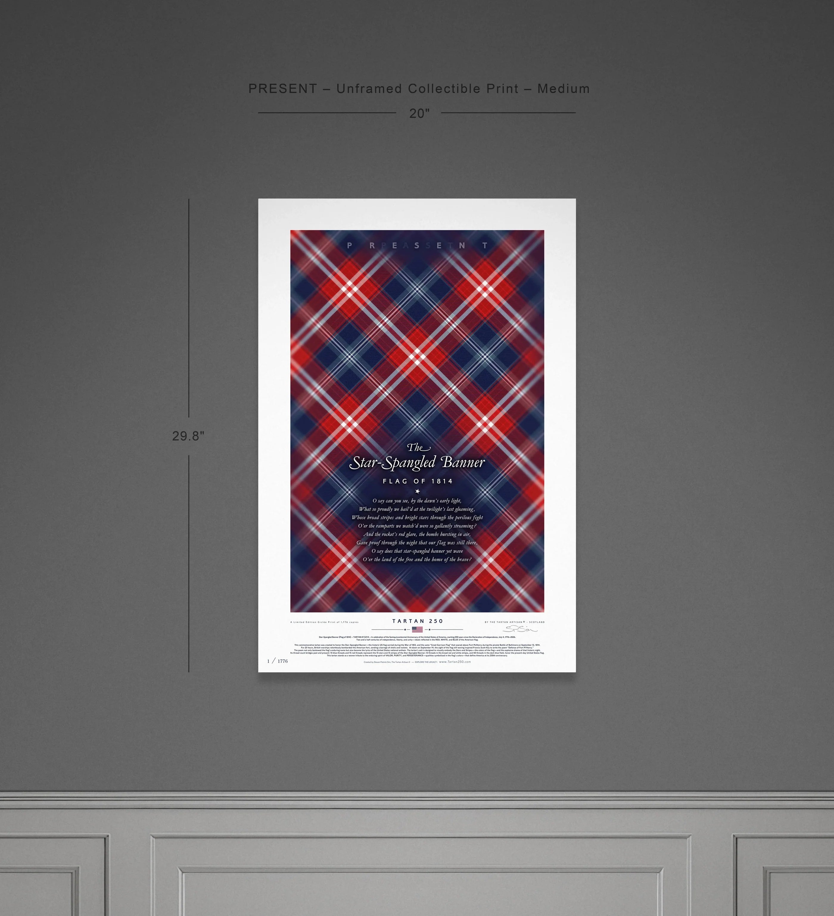 Cropped presentation of the medium unframed Present Edition tartan print. Shows the vibrant red and navy hues up close, capturing the high contrast weave pattern symbolic of the contemporary U.S. flag.