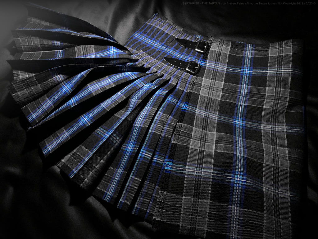 A pulled-out view of the Earthrise kilt laid flat, showing the full breadth of the sett and cloth weight.