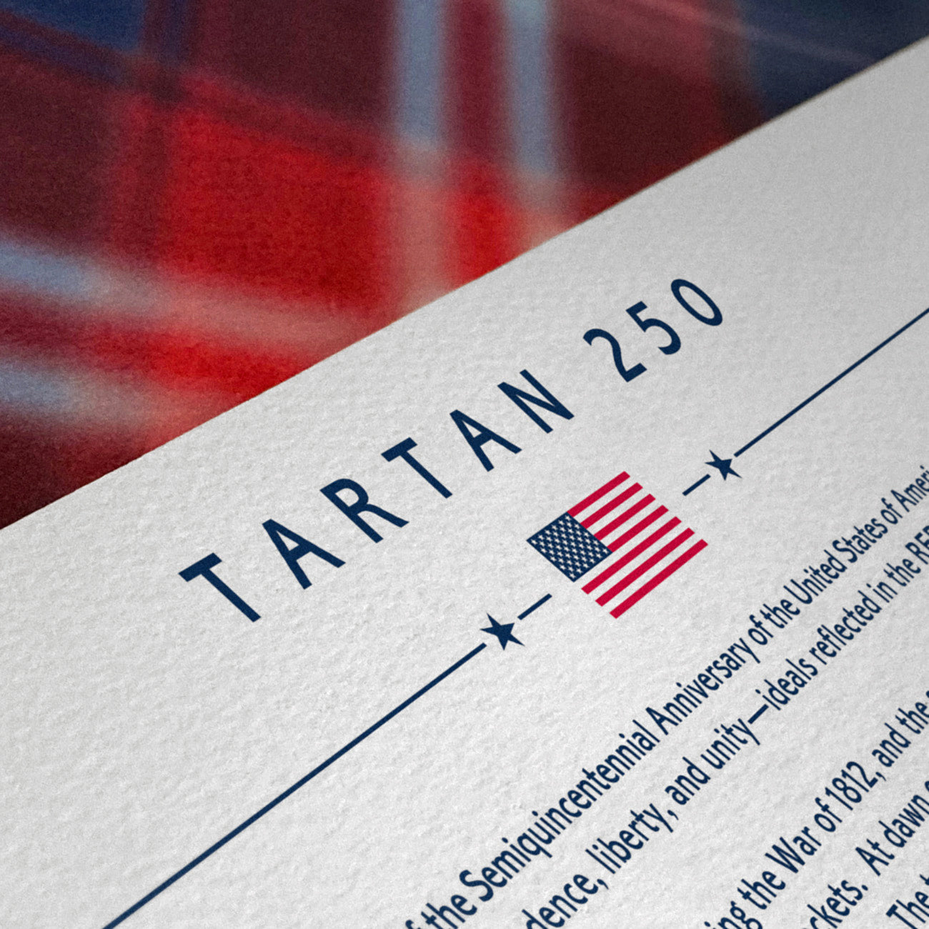 Close-up of Star-Spangled Banner America250 fine art Tartan250 print highlighting tartan 250 emblem and U.S. flag symbol.