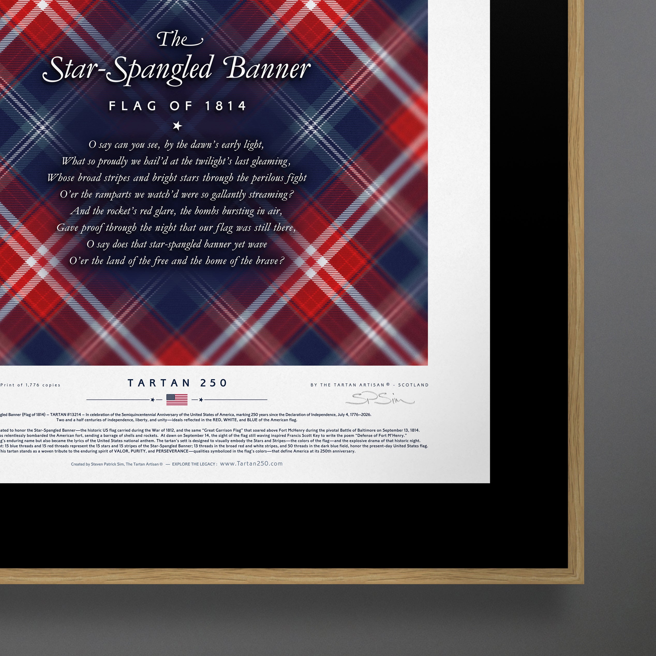 Bottom right corner close-up of Star-Spangled Banner America250 framed collector’s edition with anthem title, tartan, and oak frame.