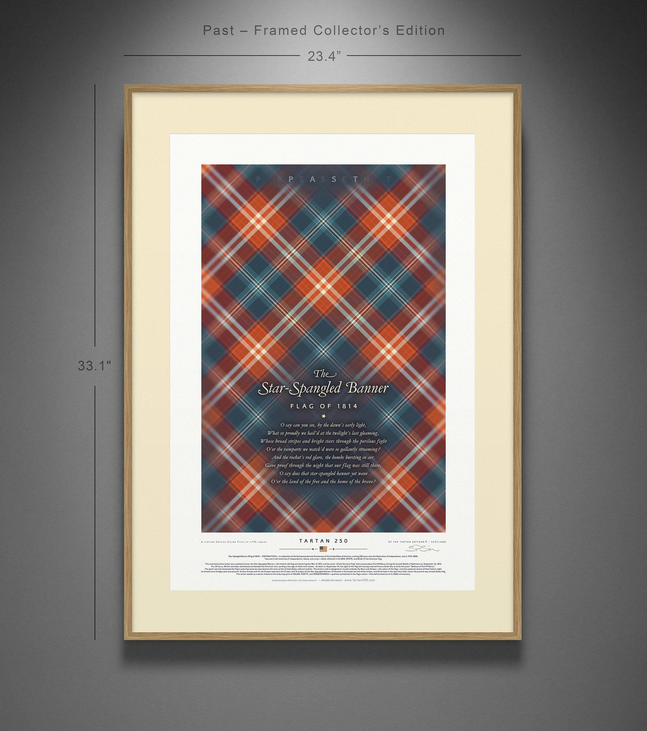 Size specifications view of framed Star-Spangled Banner America250 Past Edition print.