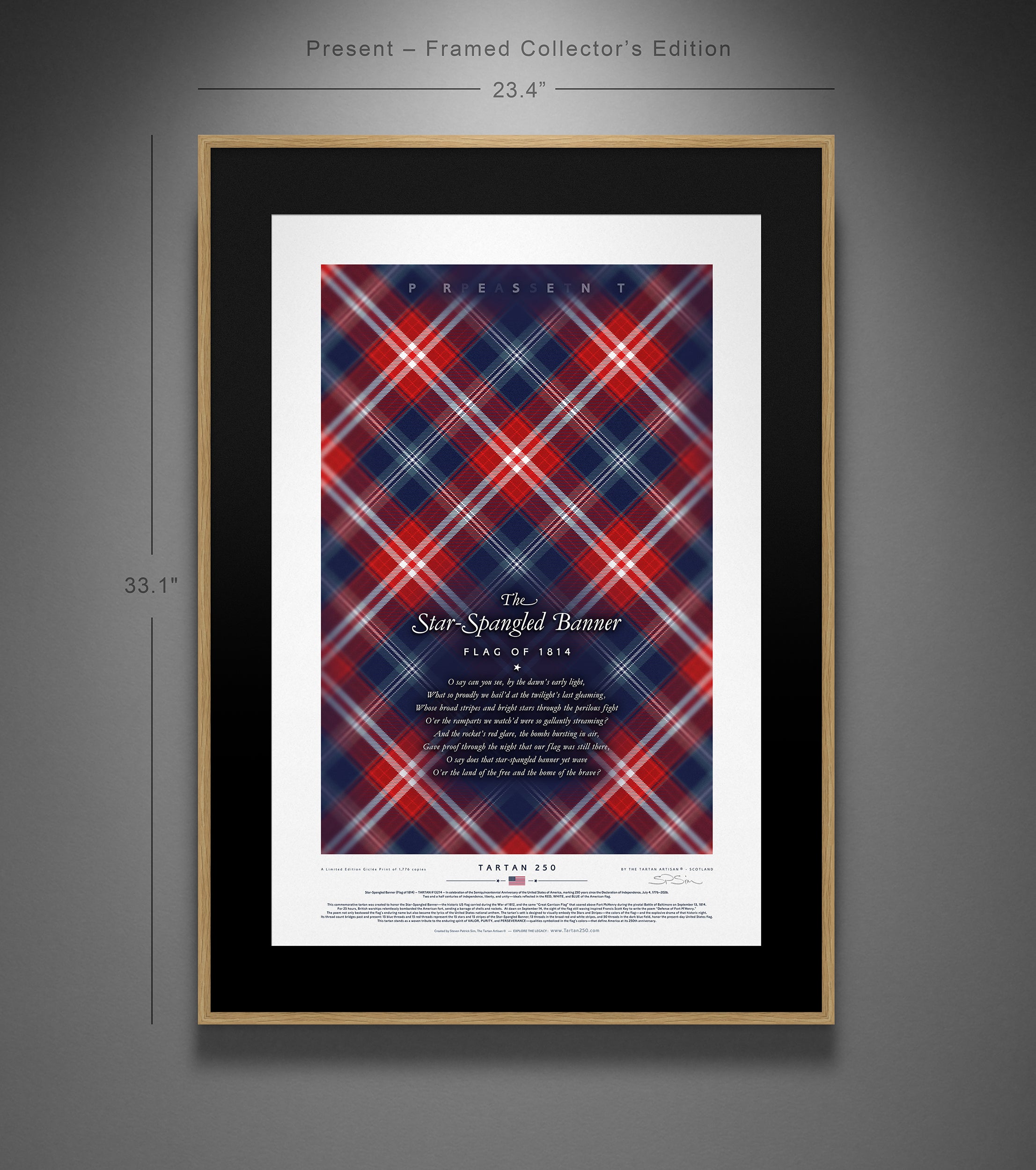 Star-Spangled Banner America250 framed collector’s edition – size schematic showing dimensions 23.4 × 33.1 inches.