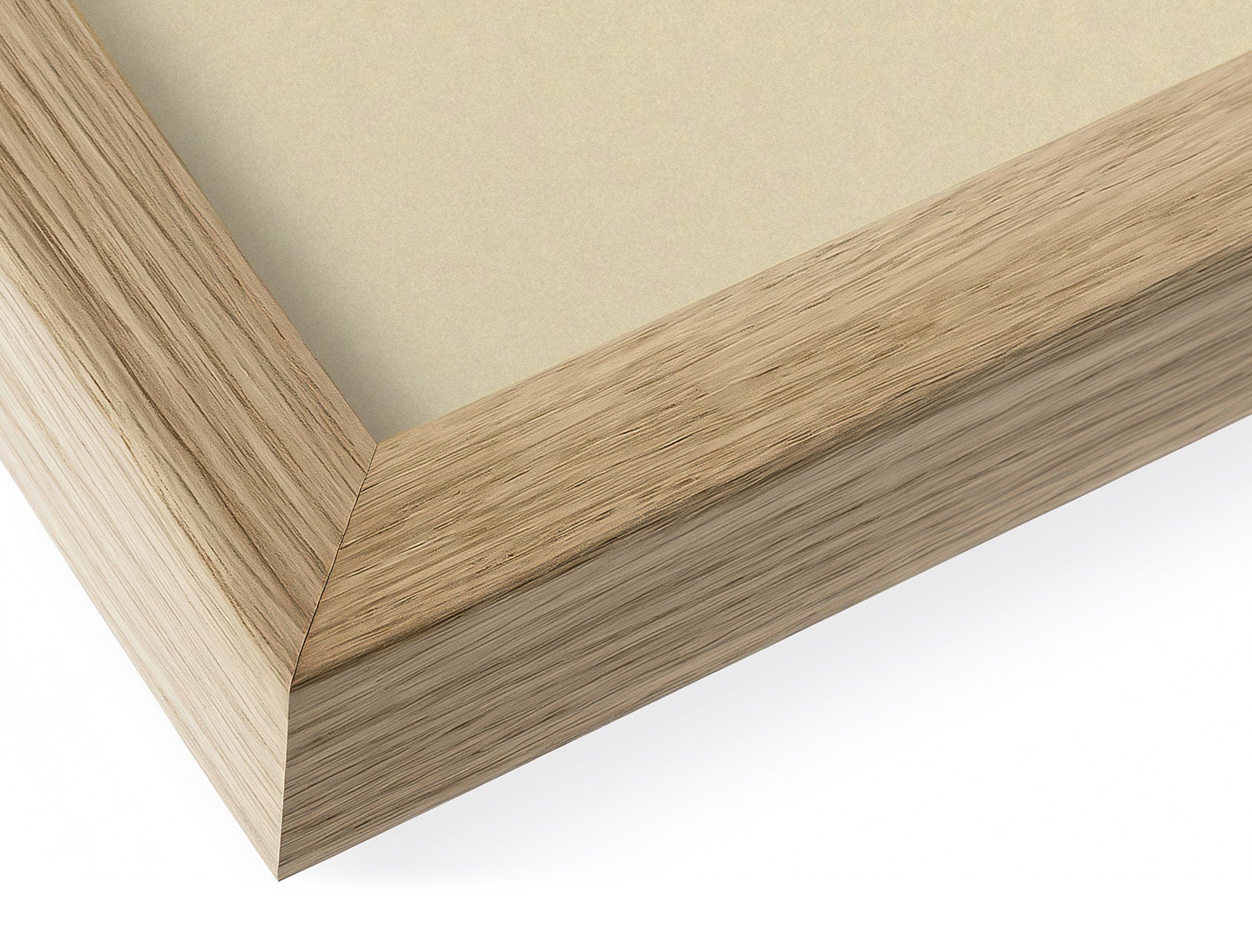 Close-up view of warm oak frame with cream mount for Past Edition print.