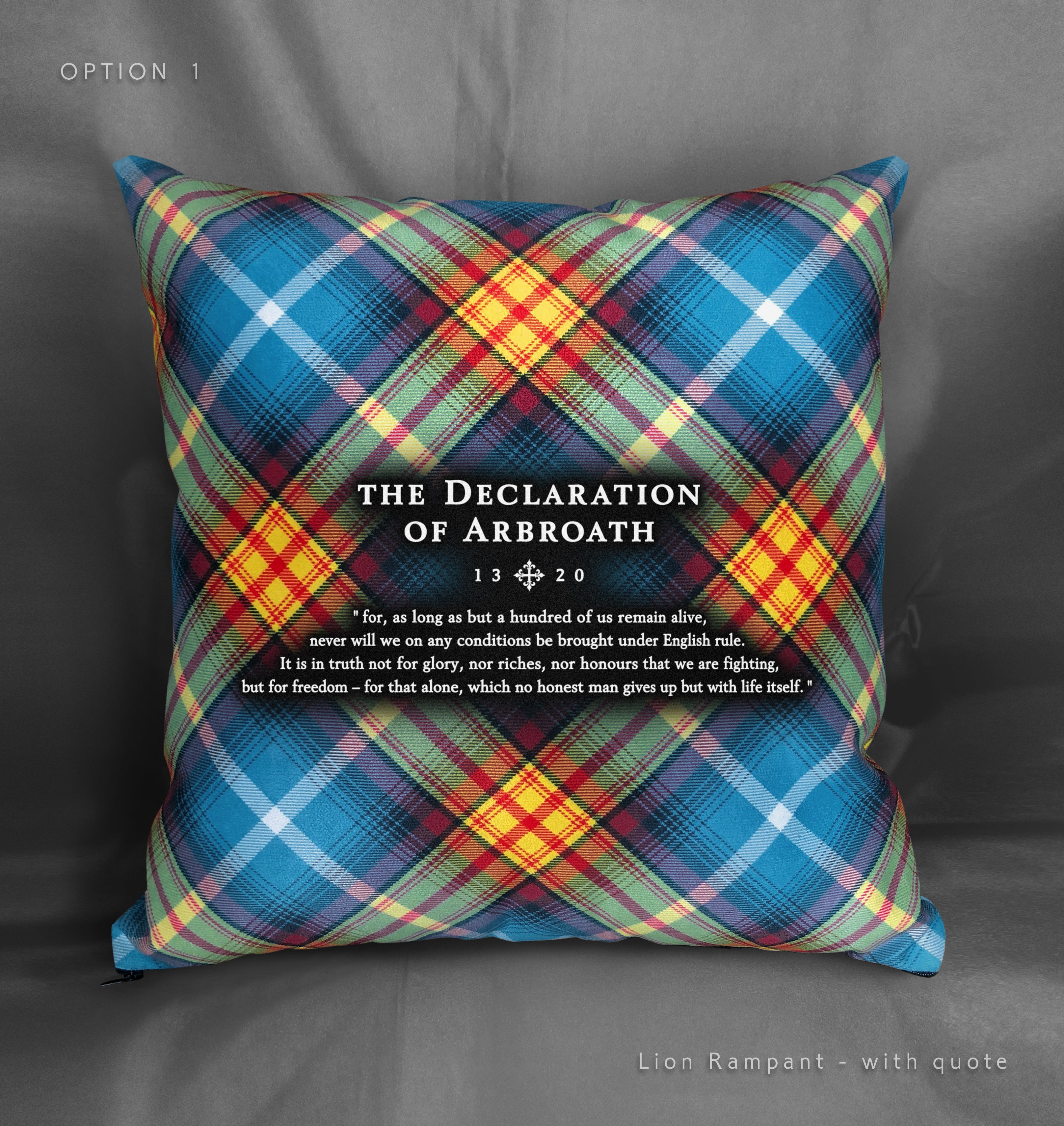 Lion Rampant themed Declaration of Arbroath tartan cushion