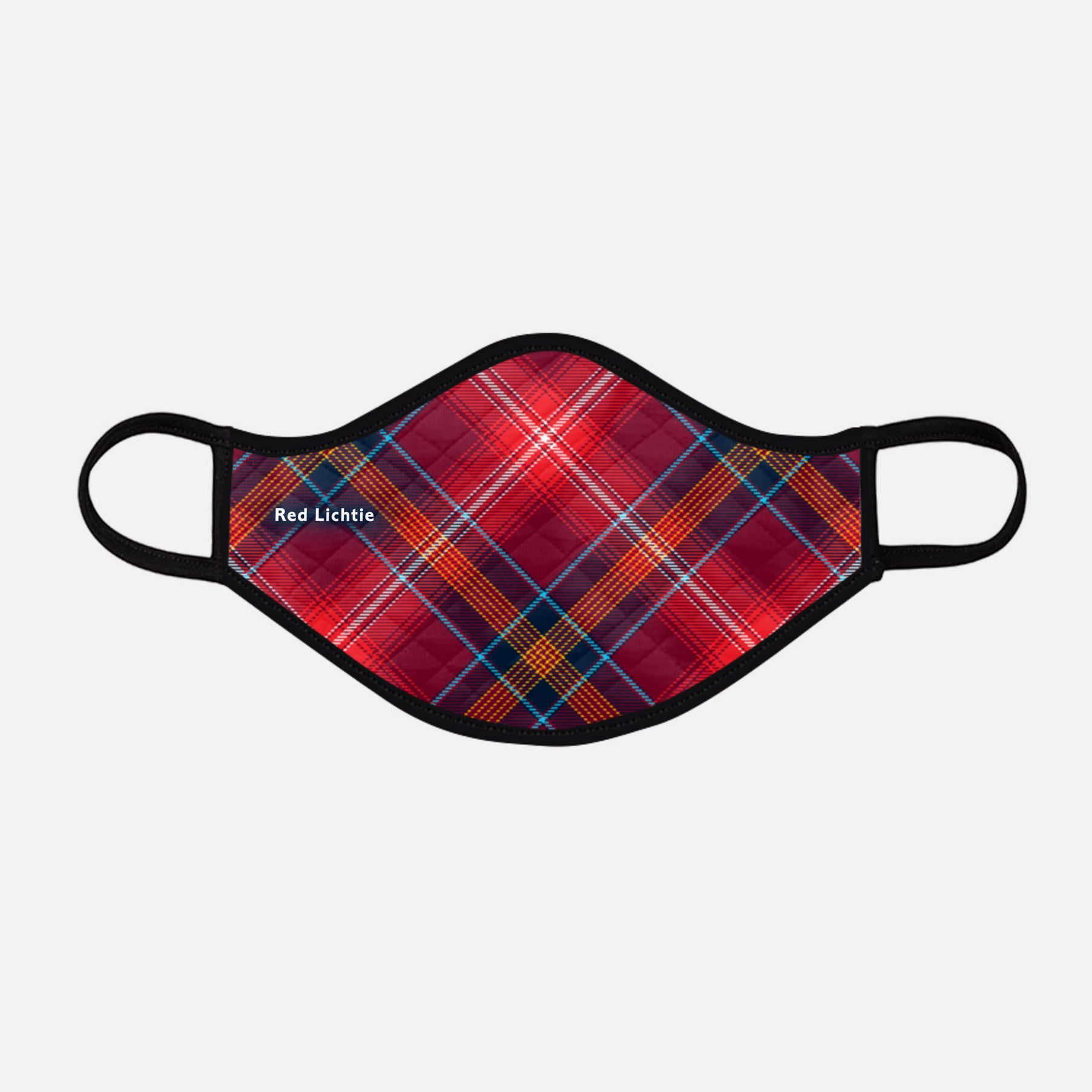 Red Reid Lichtie Lichties Tartan custom printed face mask - Large with badge - by the Steven Patrick Sim Tartan Artisan - Stevie Tartan Guy Arbroath, Scotland - mixed pack of 4 or 2