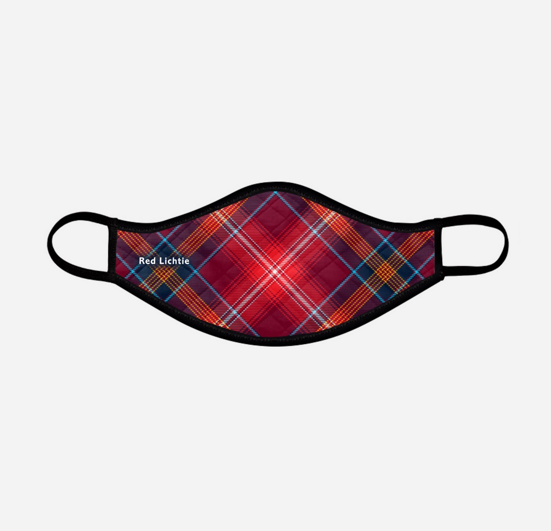 Red Reid Lichtie Lichties Tartan custom printed face mask - Small with badge - by the Steven Patrick Sim Tartan Artisan - Stevie Tartan Guy Arbroath, Scotland - mixed pack of 4 or 2