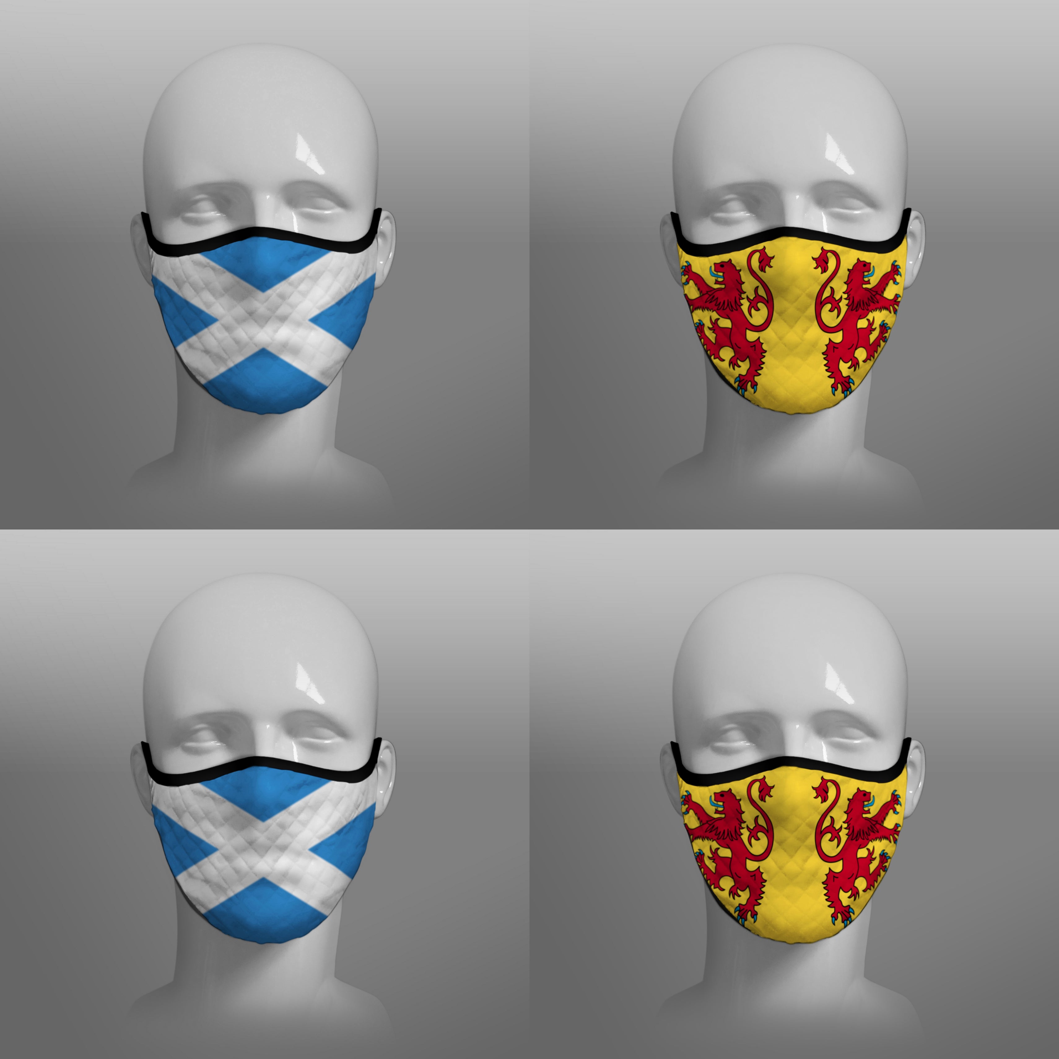 Contoured Face Mask - face covering - Nicola Sturgeon - Scottish Scotland Scots Saltire and Lion Rampant Royal Standard of Scotland - by Steven Patrick Sim the Tartan Artisan - Stevie Tartan Guy - mixed pack of 4 extra large