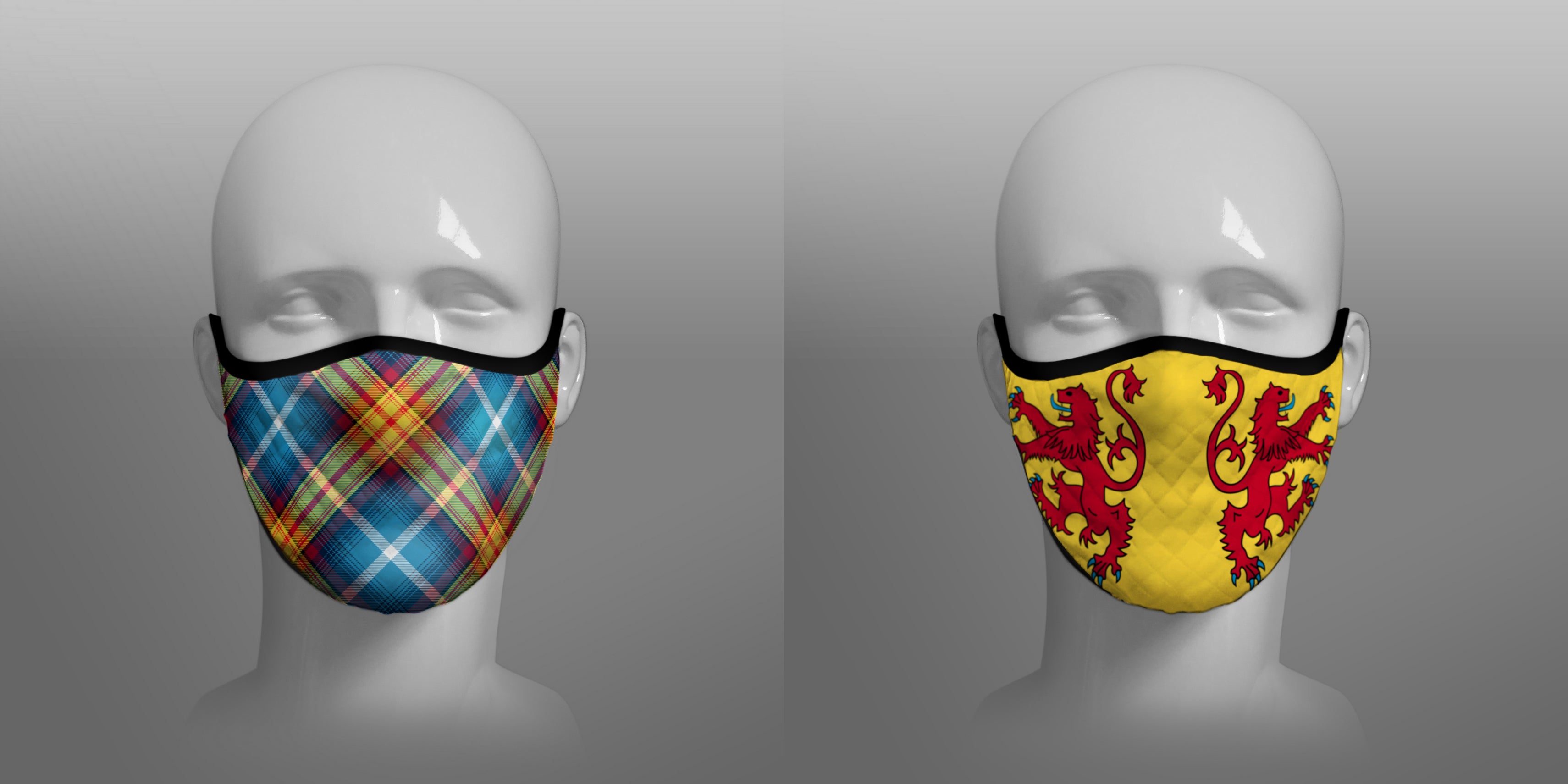 Contoured Face Mask - face covering - Nicola Sturgeon - Declaration of Scottish Independence tartan and Lion Rampant Royal Standard of Scotland - by Steven Patrick Sim the Tartan Artisan - Stevie Tartan Guy - mixed pack of 2 medium