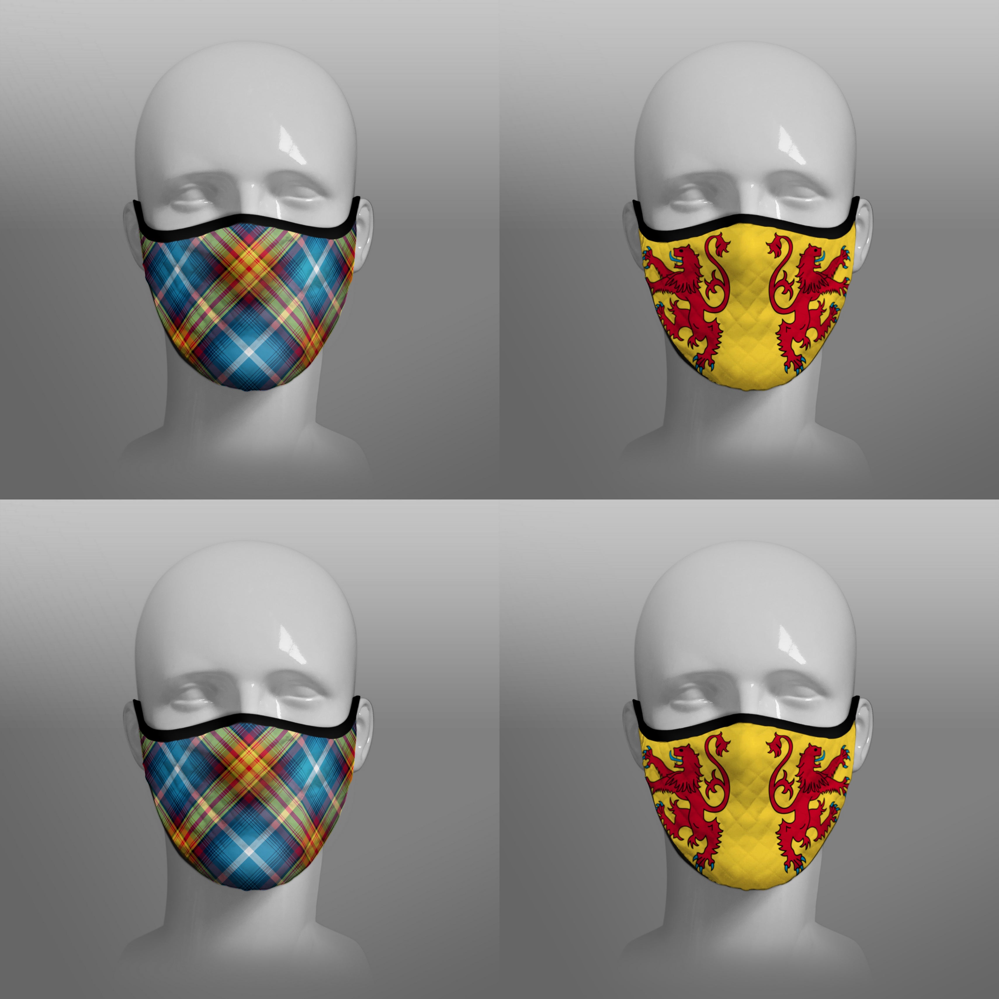 Contoured Face Mask - face covering - Nicola Sturgeon - Declaration of Scottish Independence tartan and Lion Rampant Royal Standard of Scotland - by Steven Patrick Sim the Tartan Artisan - Stevie Tartan Guy - mixed pack of 4 large