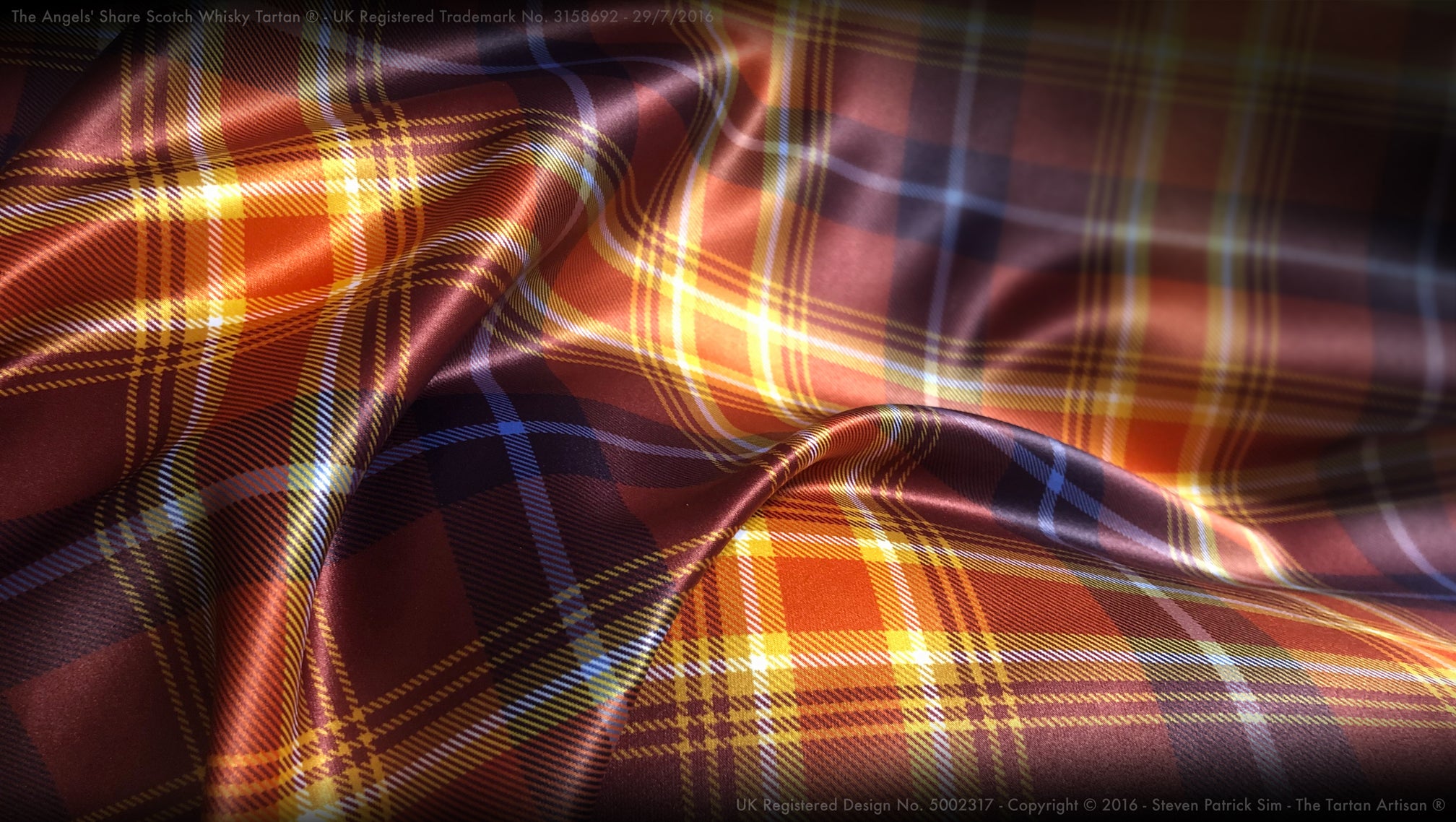The Angels' Share Scotch Whisky Tartan - printed Duchess Satin fabric 200gsm - By Steven Patrick Sim the Tartan Artisan Arbroath Scotland