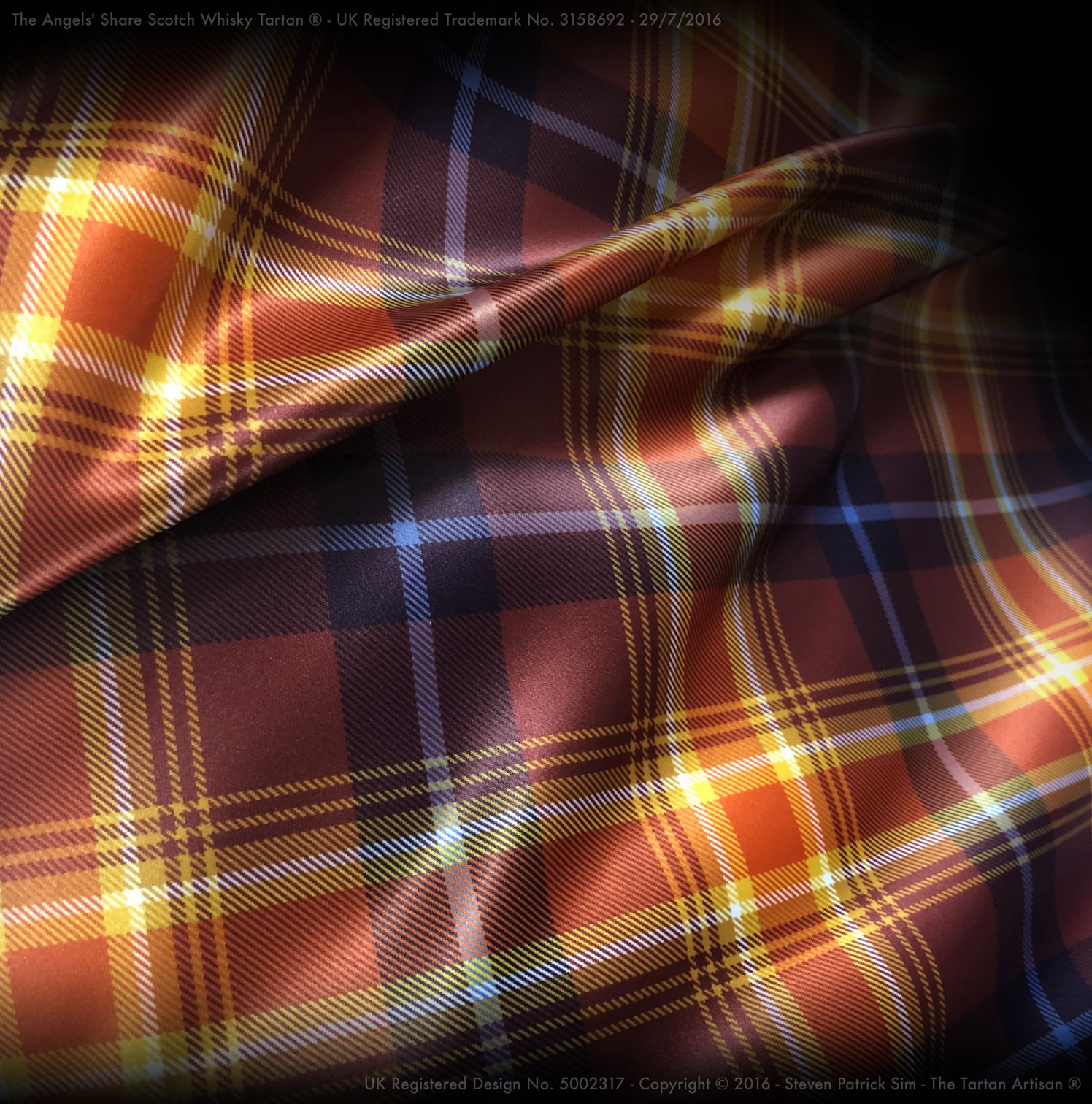 The Angels' Share Scotch Whisky Tartan - printed Duchess Satin fabric 200gsm - By Steven Patrick Sim the Tartan Artisan glowing angelic tartan material created in Scotland