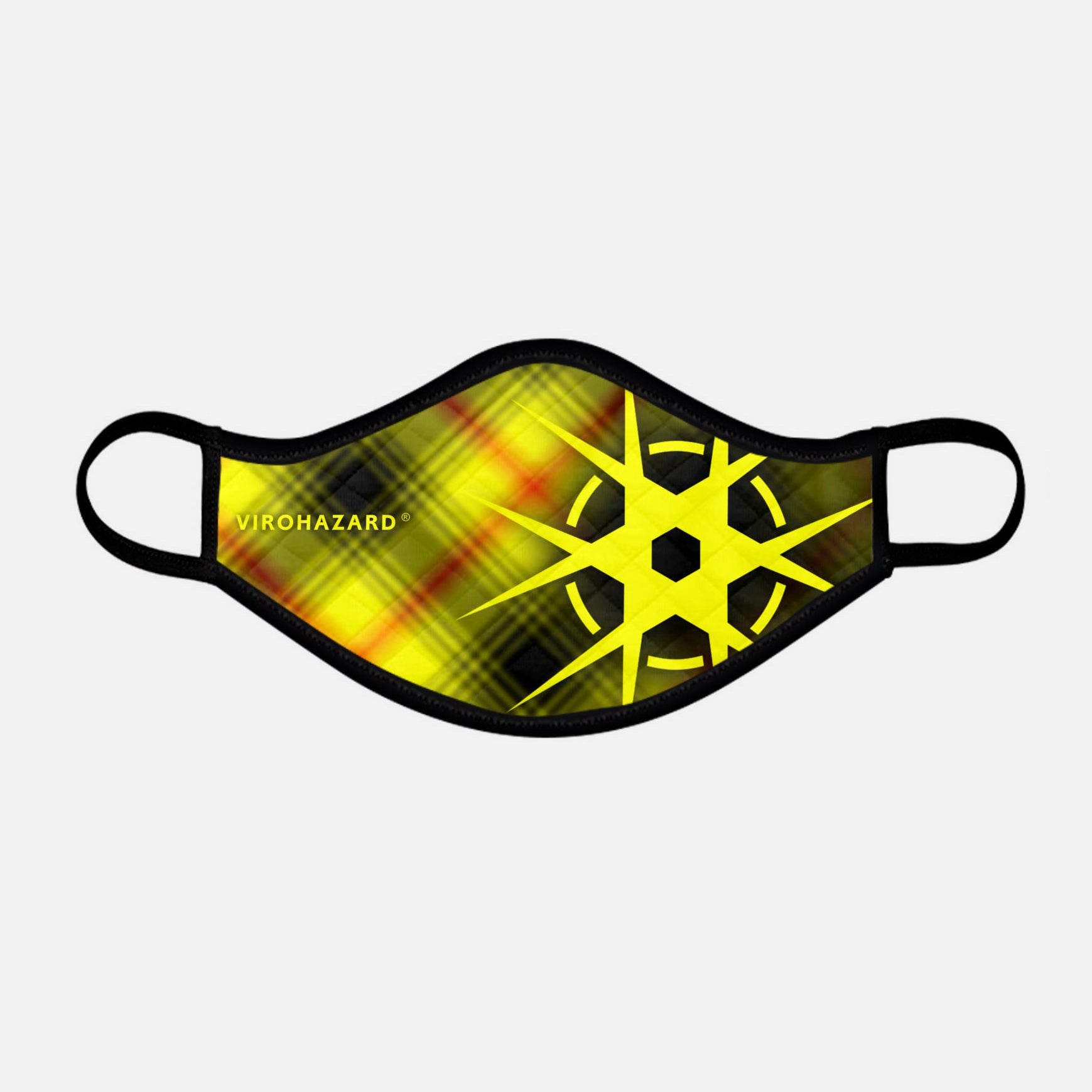 Virohazard tartan face mask facemask face-mask covid - 19 - pandemic Coronavirus - Nicola Sturgeon - Scottish cloth face covering filter - by Steven Patrick Sim the Tartan Artisan - Stevie Tartan Guy - yellow logo with tartan - medium - registered trade mark