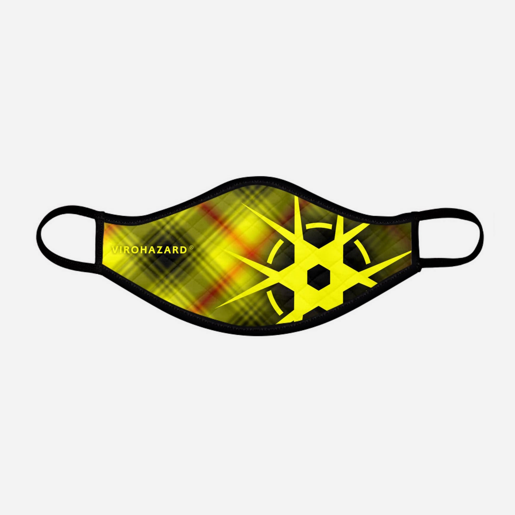 Virohazard tartan face mask facemask face-mask covid - 19 - pandemic Coronavirus - Nicola Sturgeon - Scottish cloth face covering filter - by Steven Patrick Sim the Tartan Artisan - Stevie Tartan Guy - yellow logo with tartan - small - registered trade mark