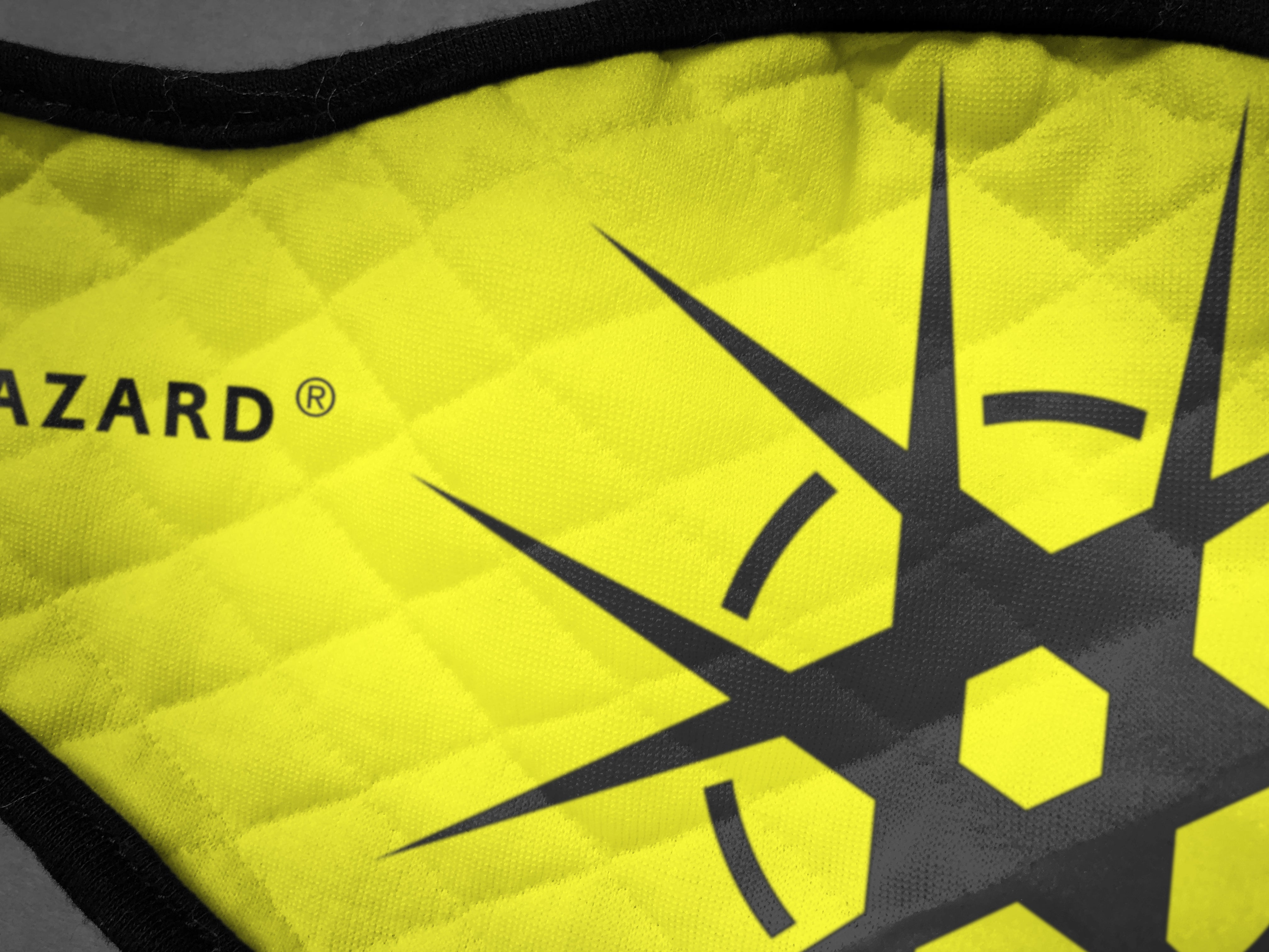 Virohazard tartan face mask facemask face-mask covid - 19 - pandemic Coronavirus - Nicola Sturgeon - Scottish cloth face covering filter - by Steven Patrick Sim the Tartan Artisan - Stevie Tartan Guy - yellow with logo - detailed view 2 - registered trade mark