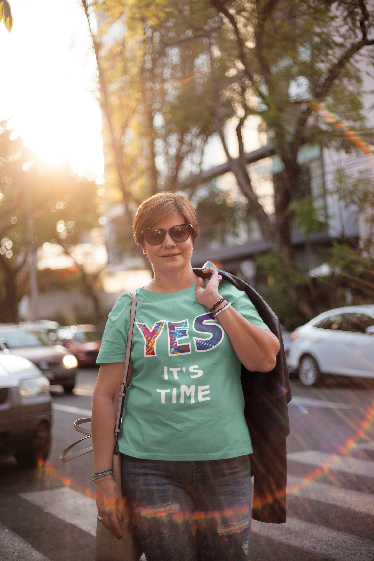 Woman wearing the Yes Tartan Green T-Shirt