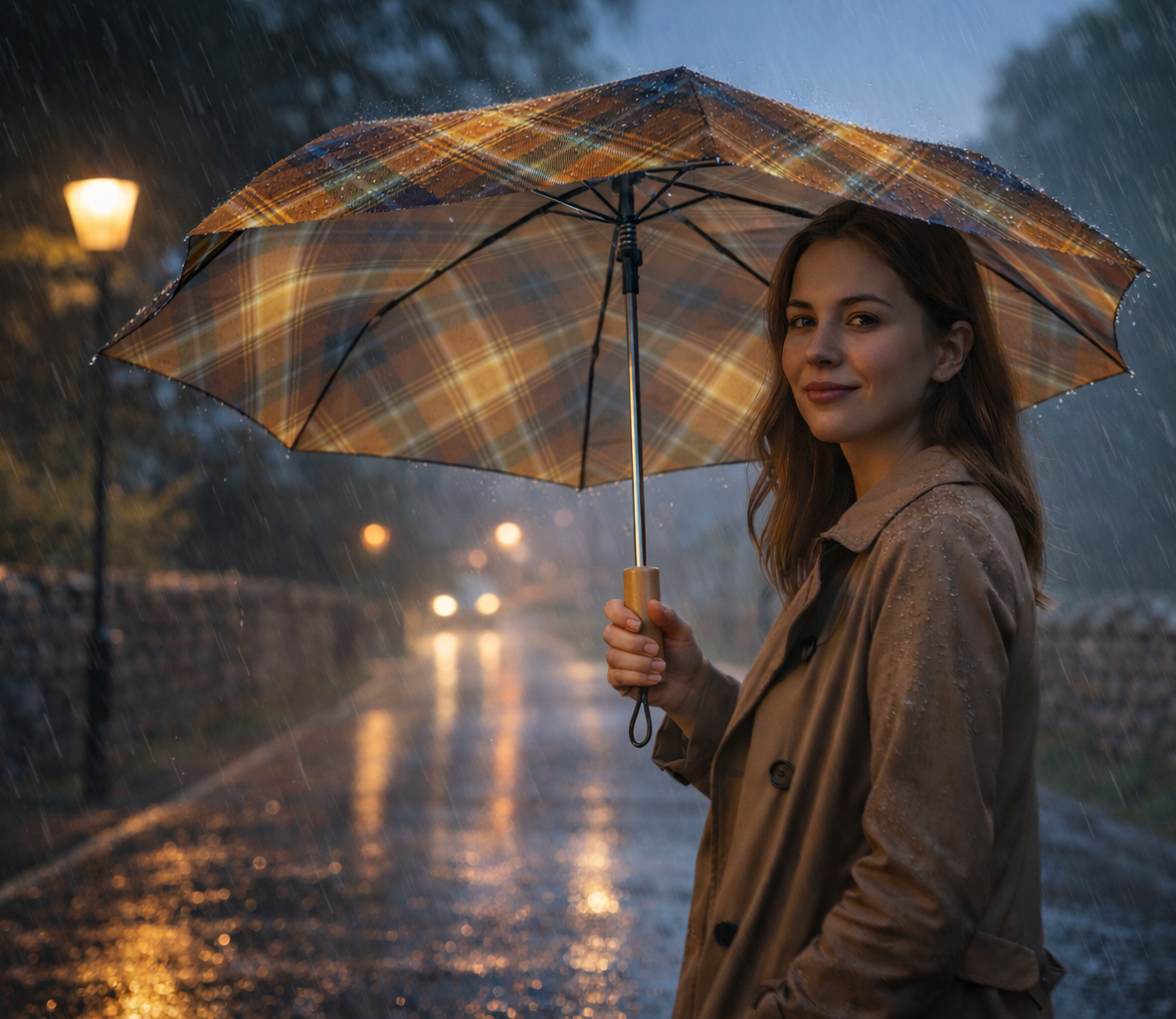 Woman holding Angels’ Share tartan umbrella on a rain-soaked country road at dusk with car headlights behind.