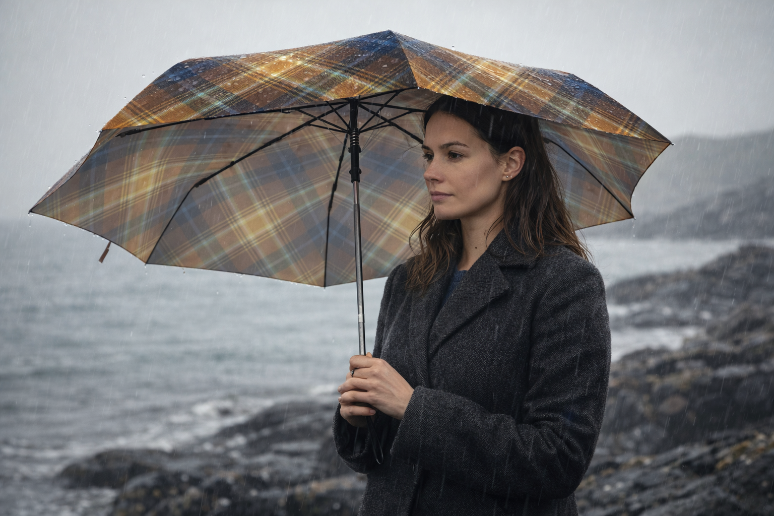 Woman standing on rocky shoreline in steady rain beneath tartan umbrella by the sea.