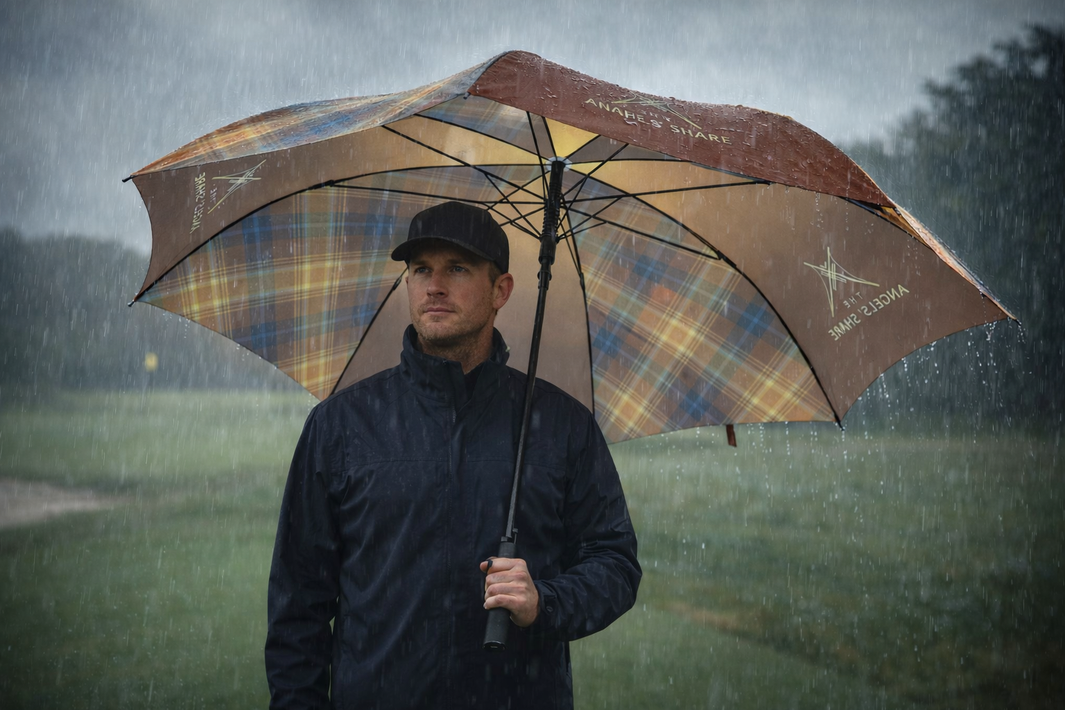 Golfer standing on wet fairway holding The Angels’ Share tartan umbrella in rainfall.