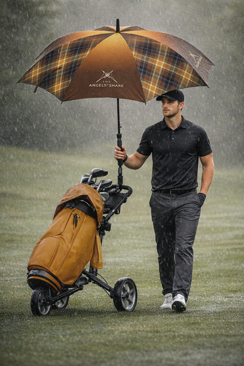 Golfer walking with trolley in heavy rain under large Angels’ Share tartan umbrella.