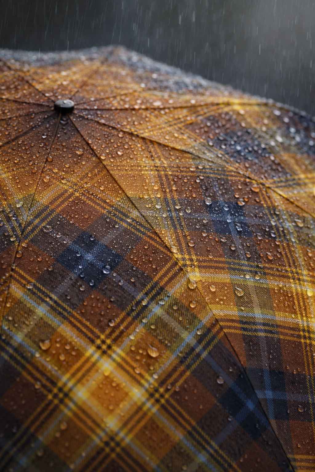  Close-up detail of tartan umbrella fabric with water droplets during heavy rainfall.