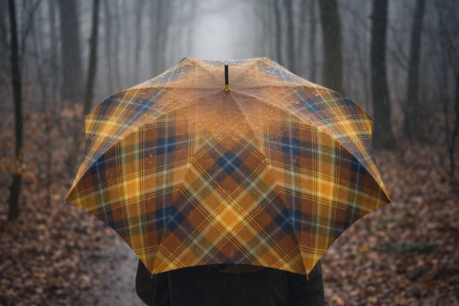 Rear view of tartan umbrella on a misty woodland path covered in fallen leaves.
