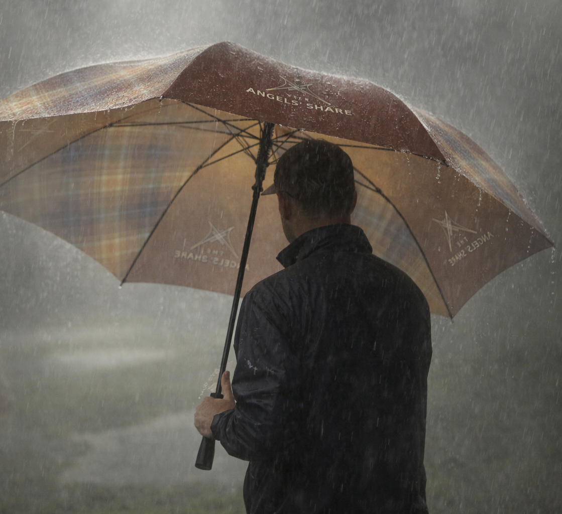 Rear view of man holding branded tartan umbrella in intense rain on open course.