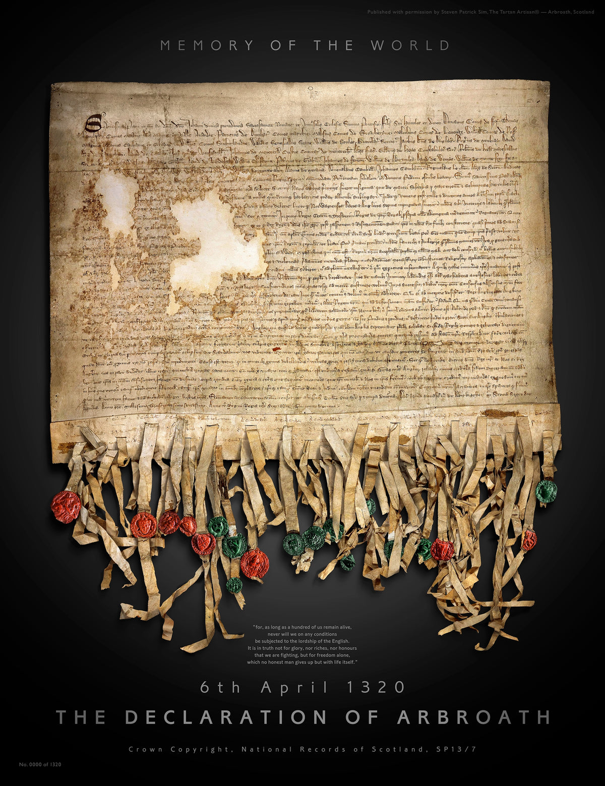 Full Black Onyx Burnished Gold artwork showing the Declaration manuscript above hanging parchment tags and red and green seals on a black field.