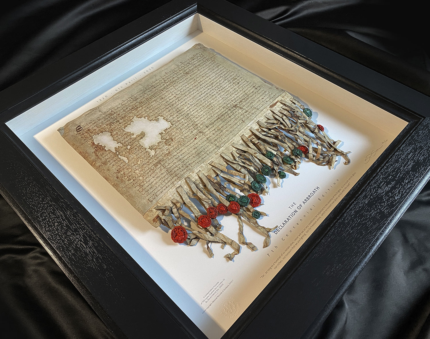 Size diagram for the Declaration of Arbroath Fine-Art 3D Facsimile, 7th Centennial Edition, showing the framed artwork proportions and facsimile area, finished in hand painted dark charcoal.