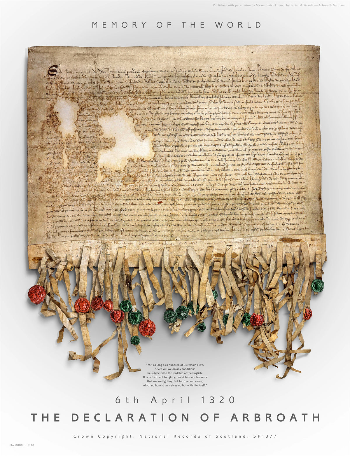 Full unframed Pearl Burnished Gold Declaration of Arbroath fine-art print showing the manuscript, hanging parchment tags, red and green seals, freedom quotation and title on a pale ground.