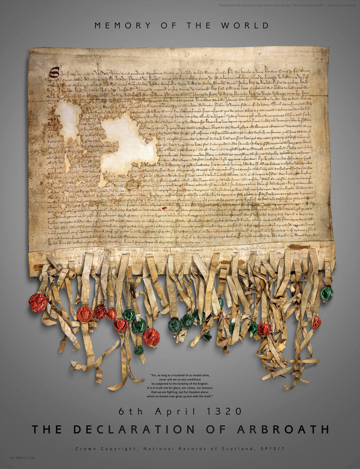 Full unframed Pewter Burnished Gold Declaration of Arbroath fine-art print showing the manuscript, hanging parchment tags, red and green seals, freedom quotation and title on a soft pewter-grey ground.