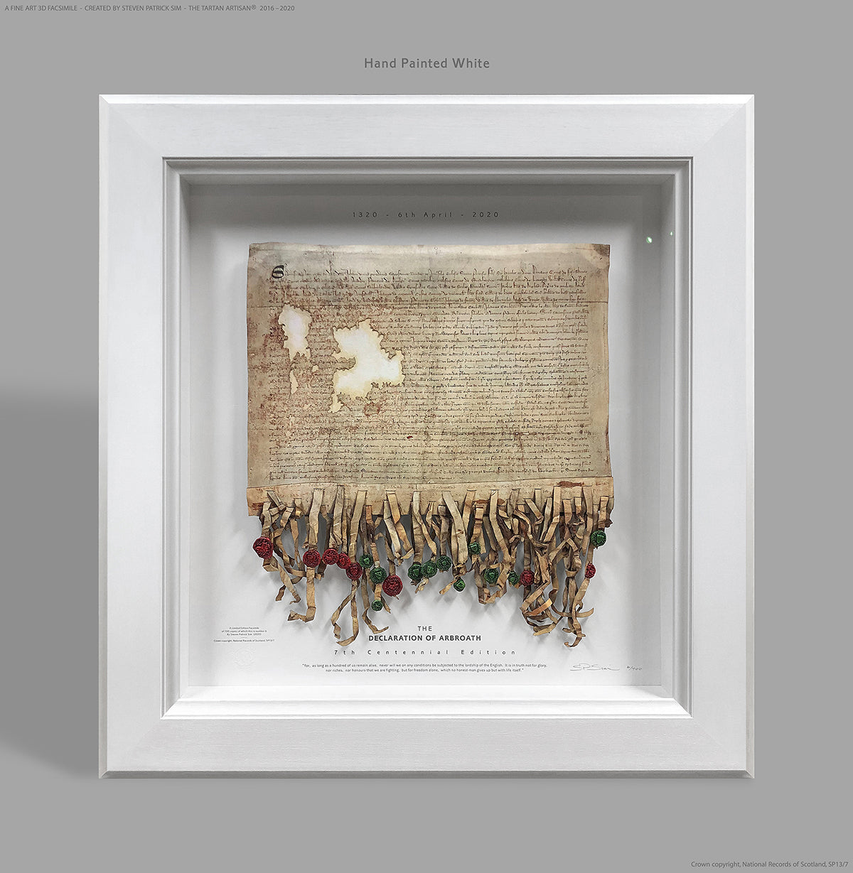 Declaration of Arbroath Fine-Art 3D Facsimile in White frame option, 7th Centennial Edition by Steven Patrick Sim, The Tartan Artisan®.