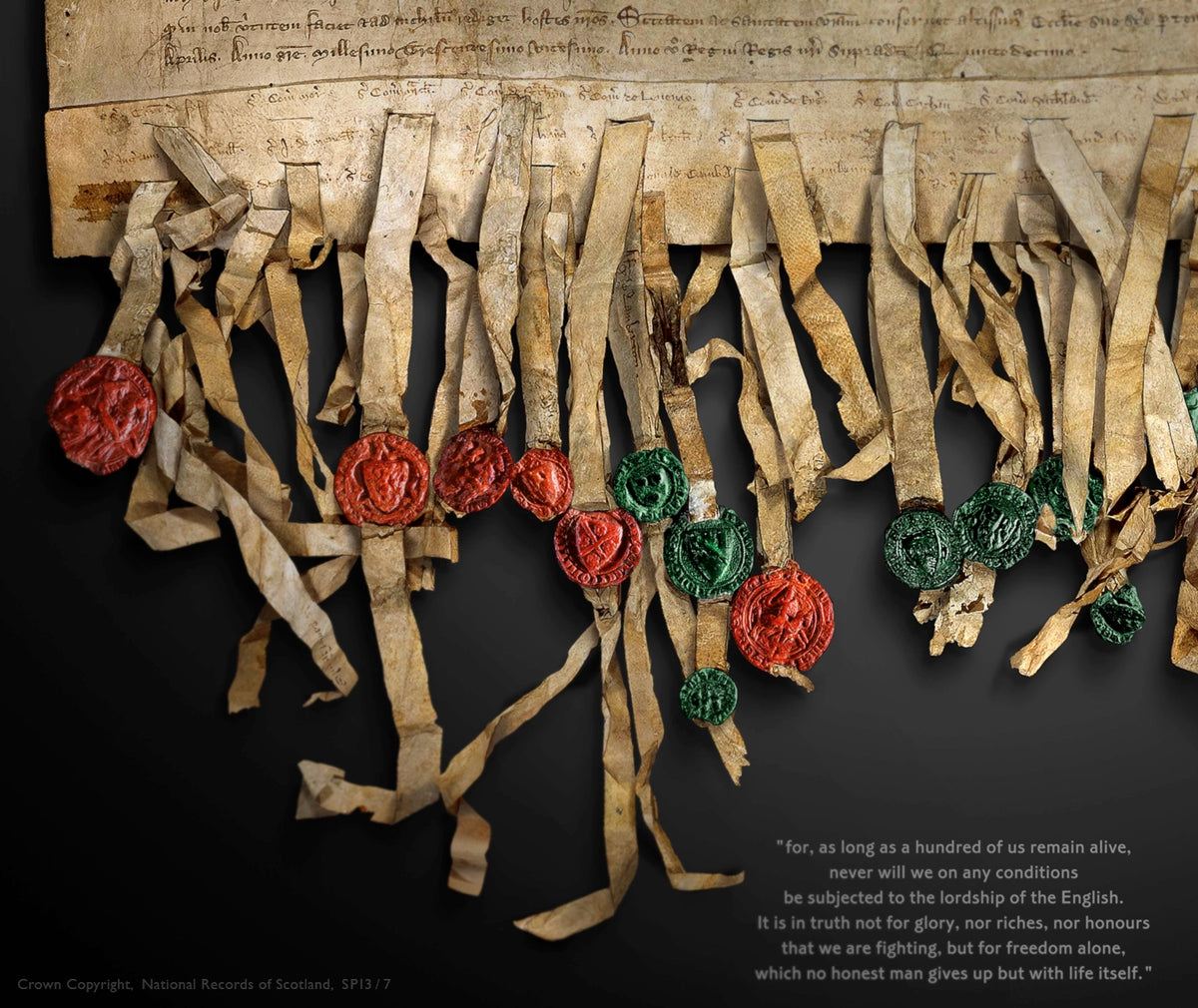 Close detail of parchment tags with red and green seals in the Black Onyx artwork, with the freedom quotation visible on the black ground below.