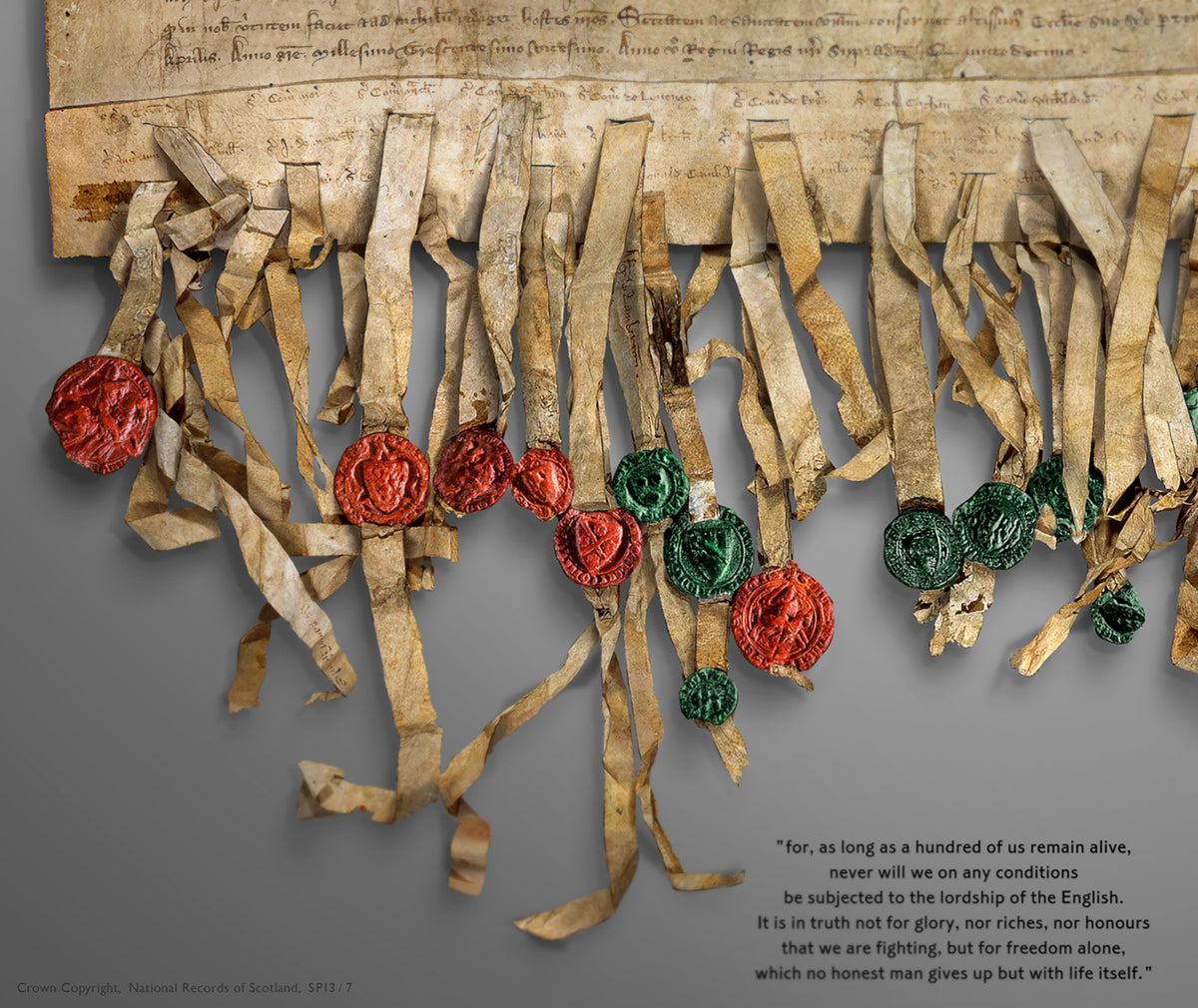 Close detail of the Pewter Burnished Gold Declaration of Arbroath print showing hanging parchment tags, red and green seals and the freedom quotation on the pewter-grey background.